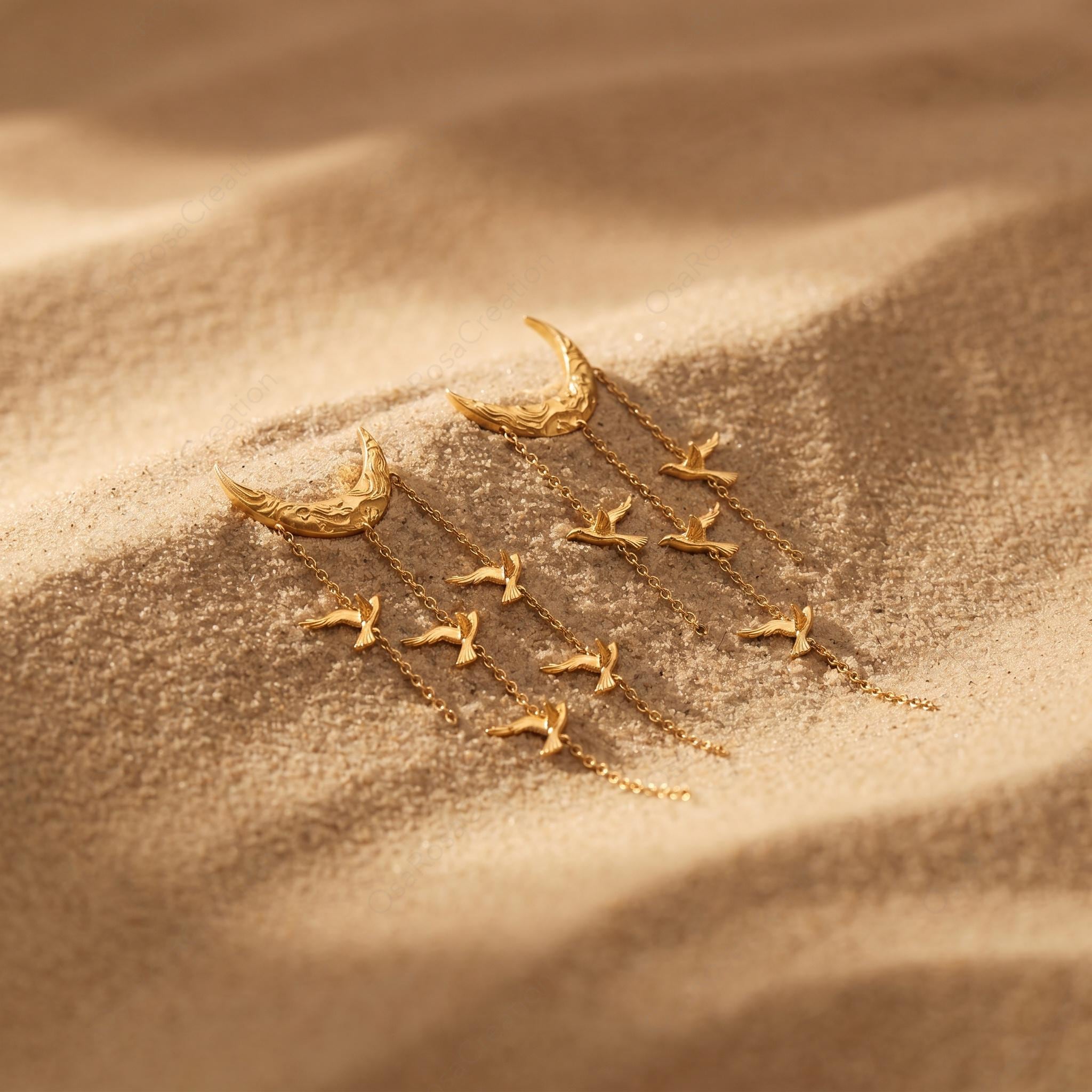 Crescent Moon Bird Dangle Earrings • 18k Gold Plated, Sterling Silver Posts