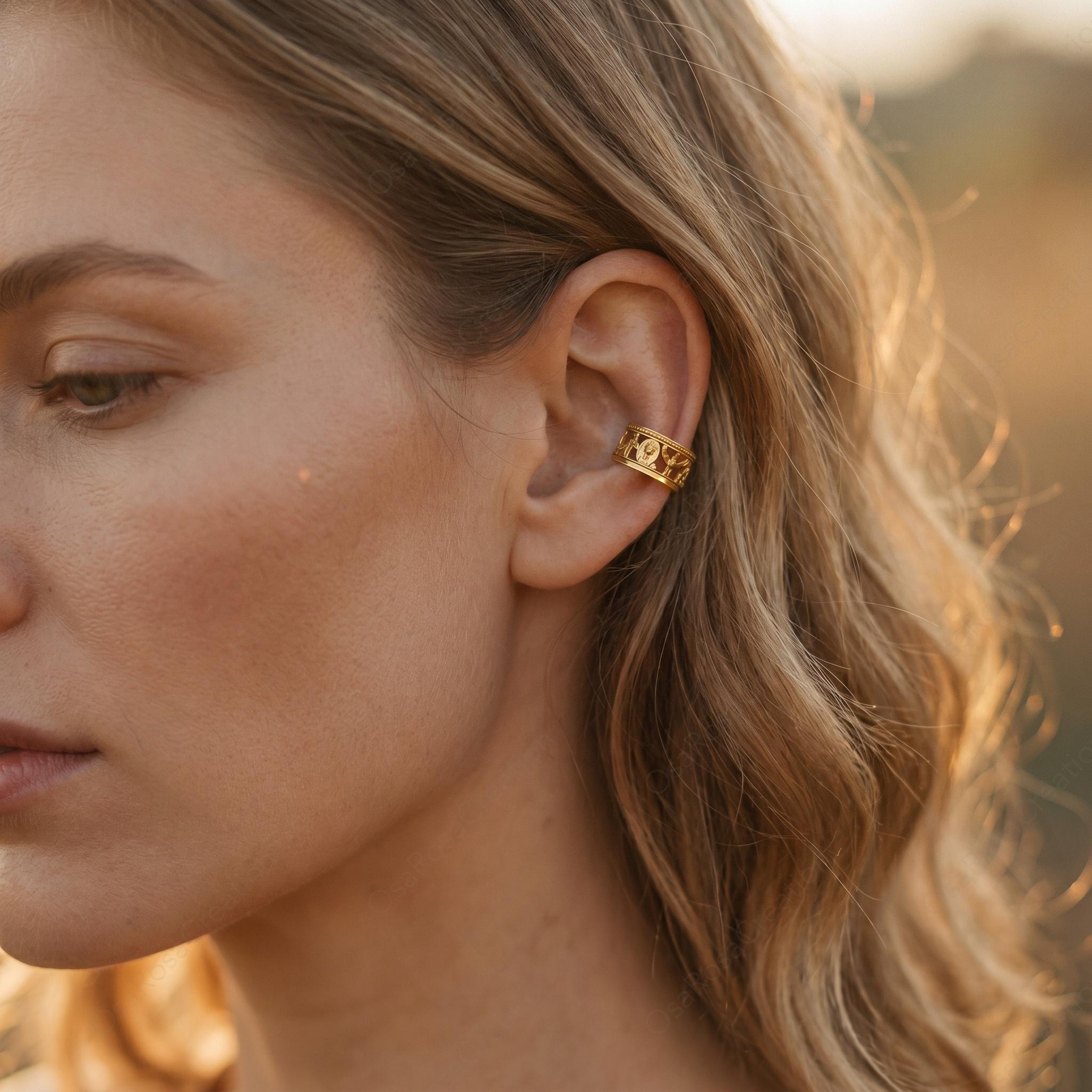 Egyptian Revival Gold Open Band Earring | Sculptural Ancient Motif Statement Jewelry