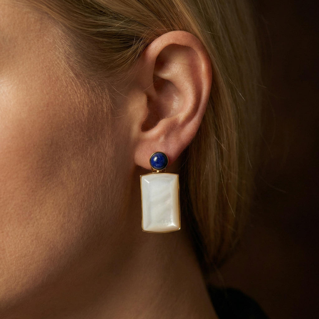 Art Deco Mother of Pearl Lapis Lazuli Earrings – 18K Gold Plated Sterling Silver Drops