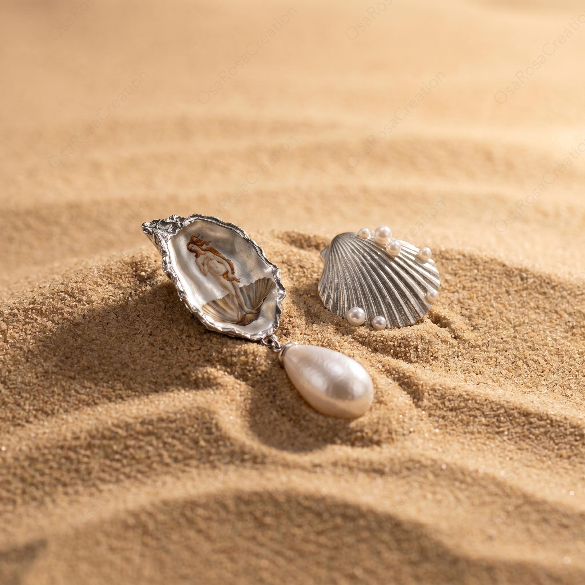 Renaissance Art Oyster Earrings | Silver Shell Pearl Drop Earrings | Vintage Museum Jewelry | Artistic Statement Dangle Earrings