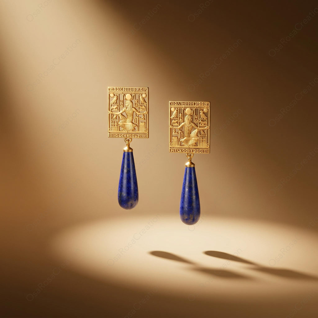 Ancient Egyptian Earrings with Lapis Lazuli Drop | Egyptian Goddess Jewelry
