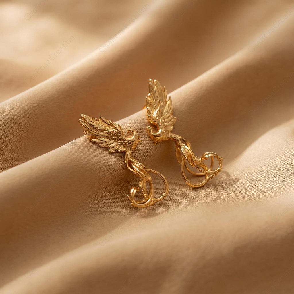 Gold Phoenix Earrings • 18k Plated Brass, S925 Post,Symbol of Rebirth & Strength •New Beginning Gift