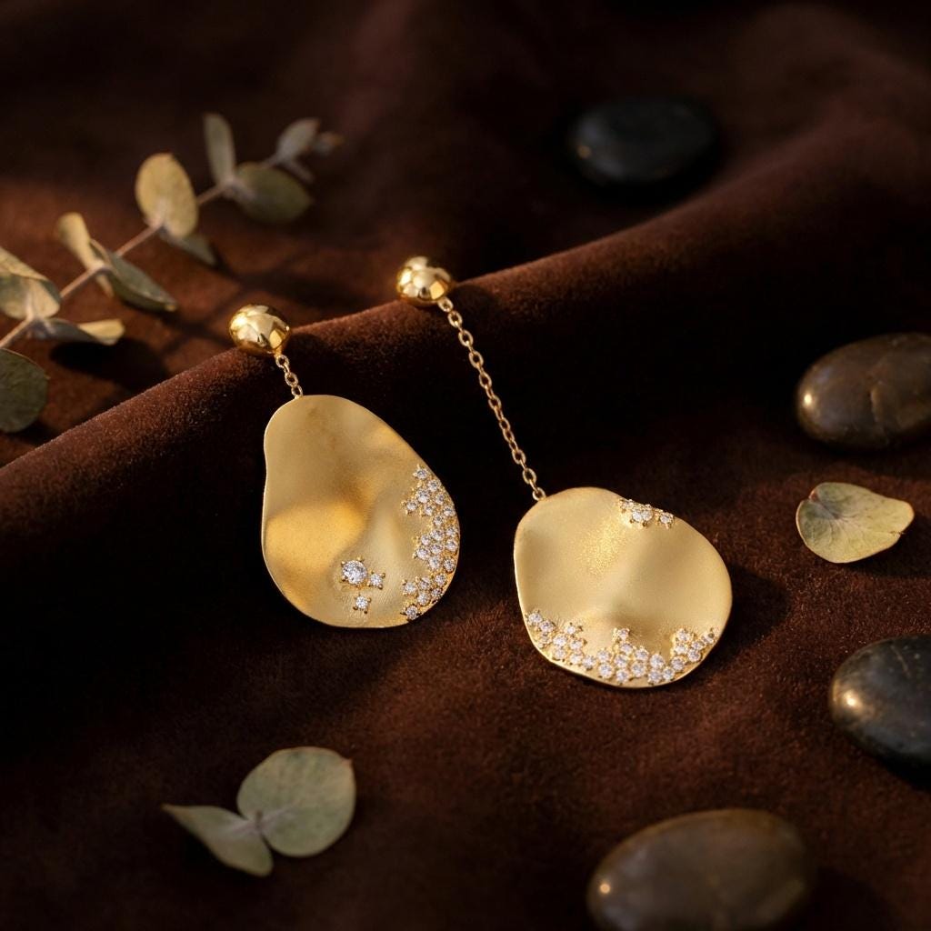 Matte Gold Pebble Dangle Earrings • Stardust Crystal Asymmetrical Jewelry