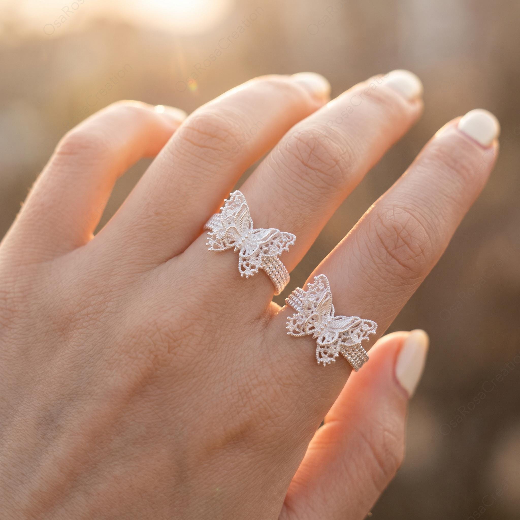 Silver Filigree Butterfly Ring, Lace Openwork Insect Jewelry, Vintage Style Beaded Band Ring, Adjustable Statement Ring, Gift for Her