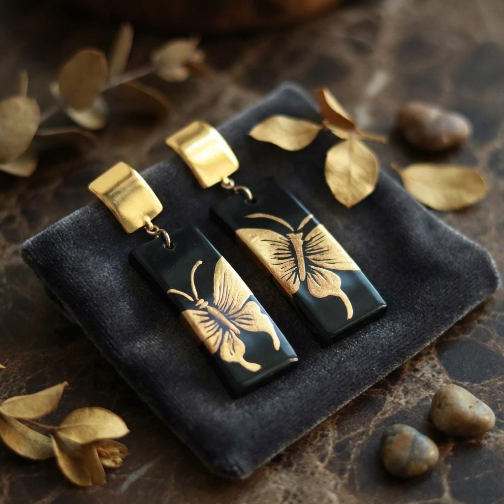 Black Gold Butterfly Earrings • Oriental Lacquer Art Dangle Jewelry