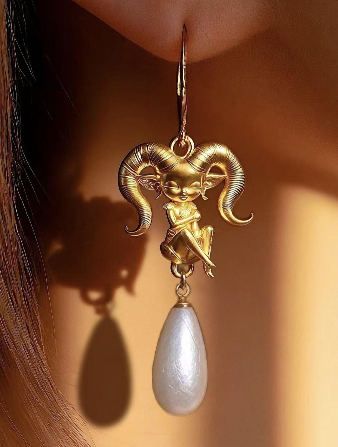 Aries Zodiac Earrings | Gold Ram & Pearl, Sterling Silver Hooks