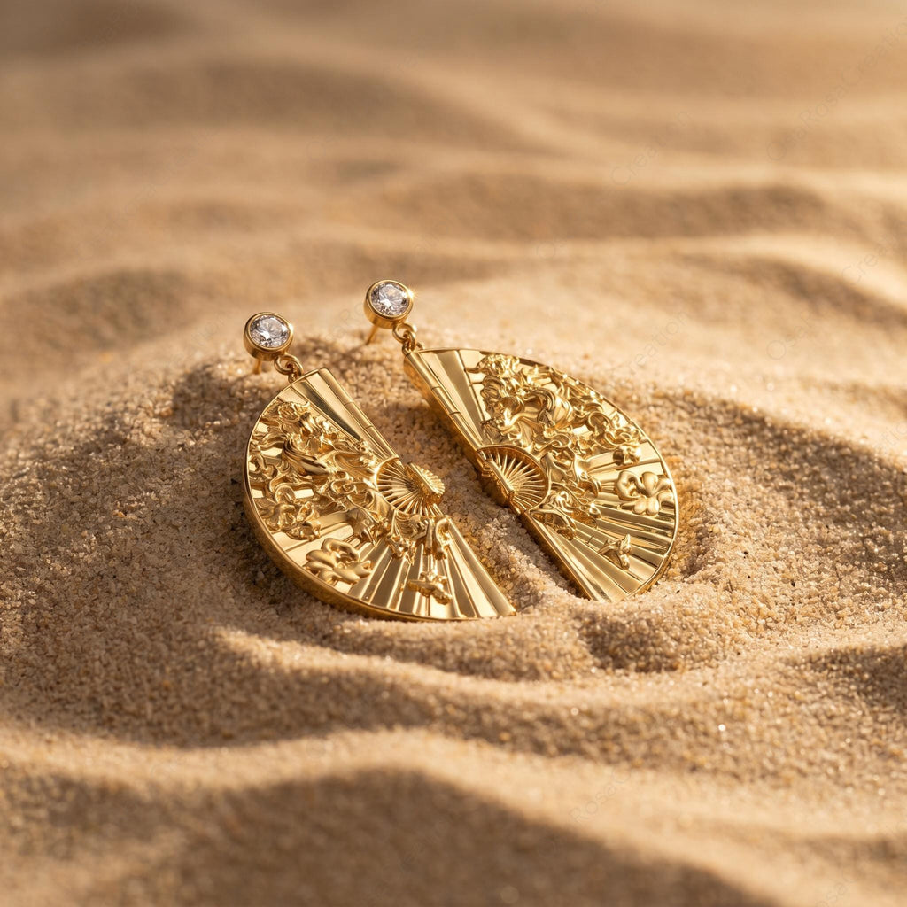 Gold Fan Earrings, Engraved Art Deco Statement Dangle Jewelry