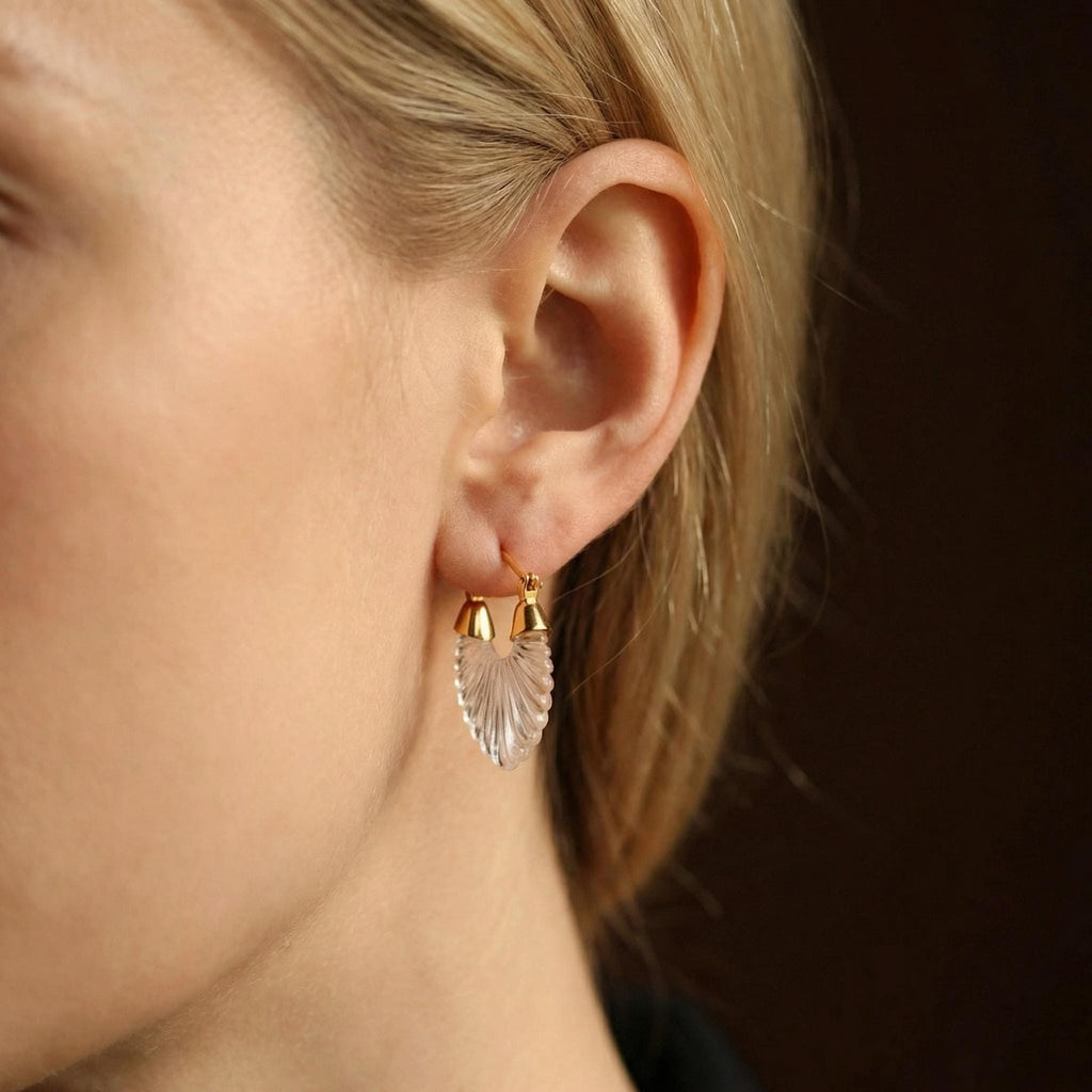 Carved Shell Hoop Earrings – Frosted Scalloped Drops, 18K Gold Plated Huggies