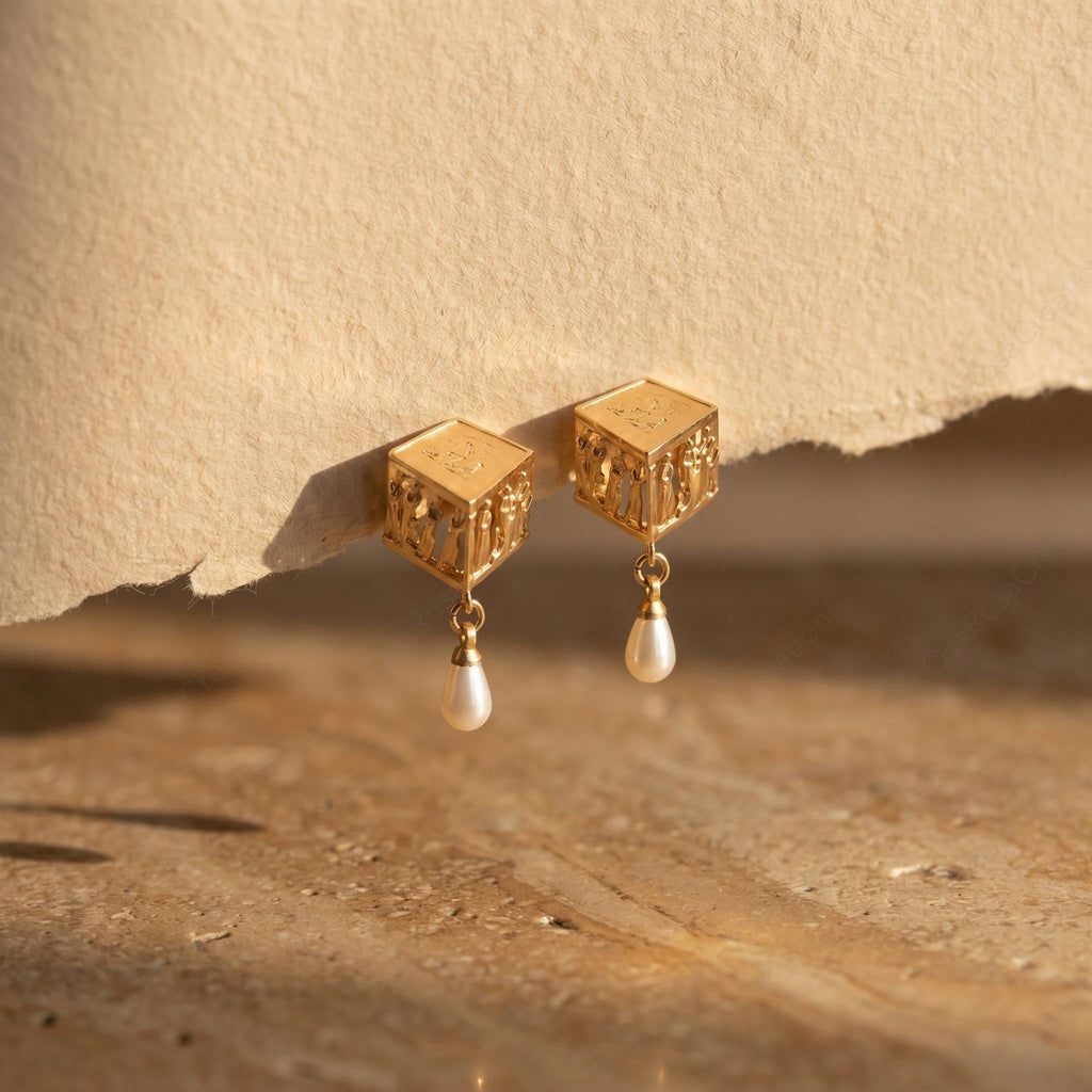 Ancient Greek Plato Academy Earrings | Museum Style Gold Earrings with Pearl Drop | Philosophy Inspired Jewelry