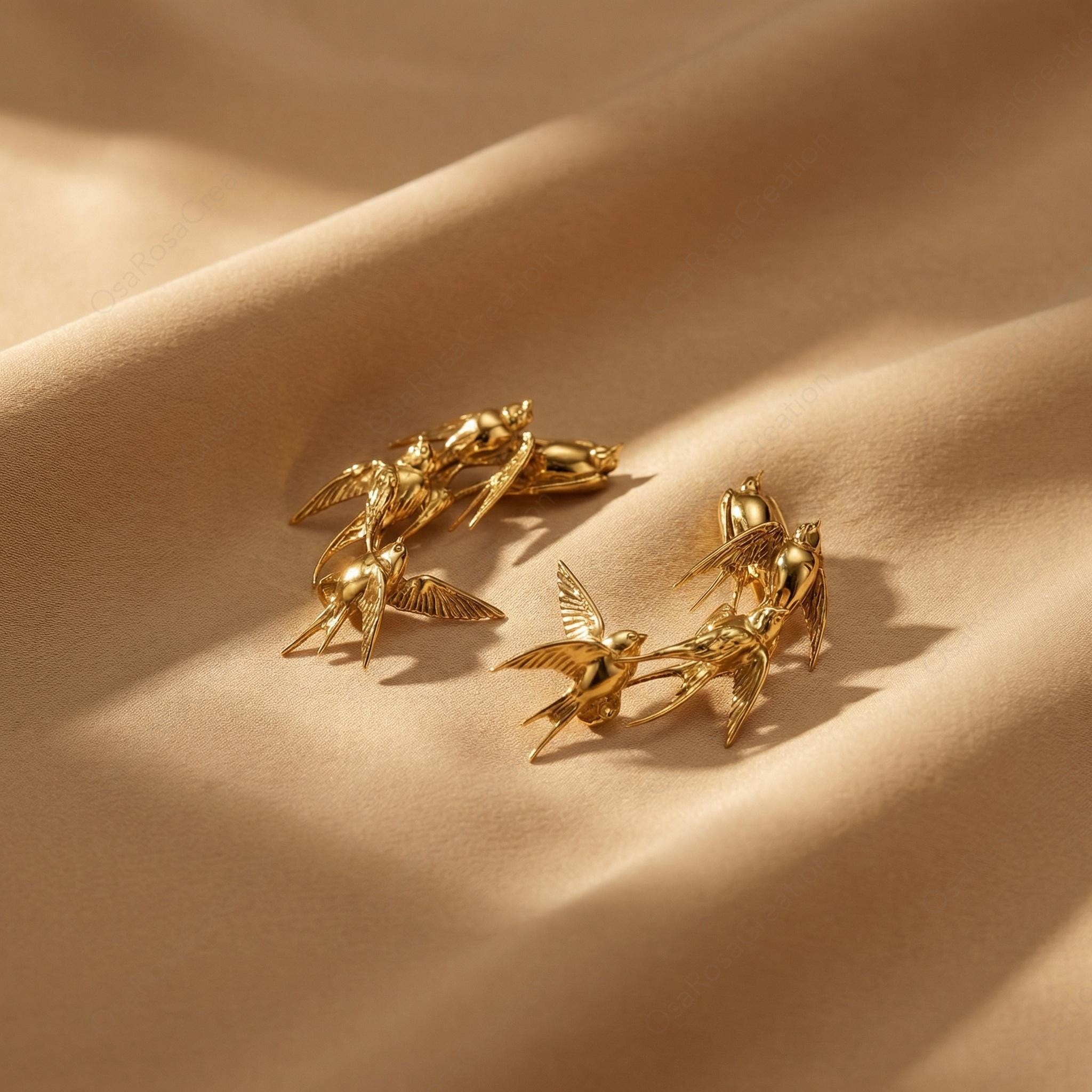 Gold Swallow Flock Earrings: Sculptural Bird Clip-on, Nature Inspired Artistic Jewelry