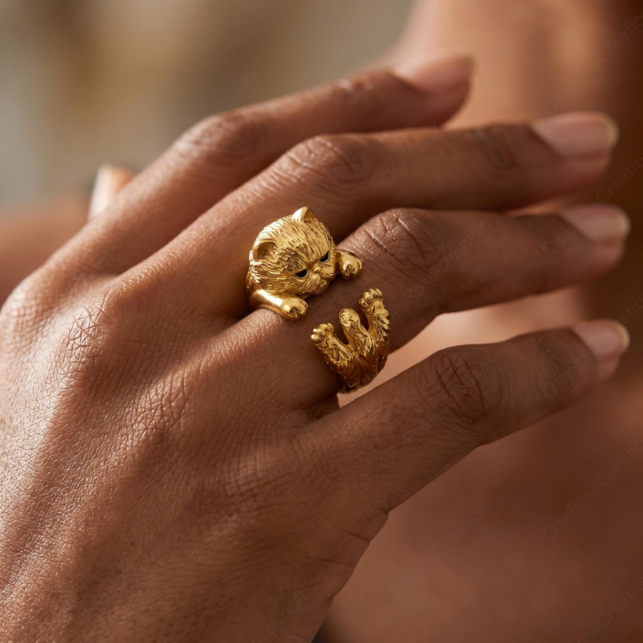 Sculptural Gold Cat Wrap Ring | Textured Feline Animal Jewelry