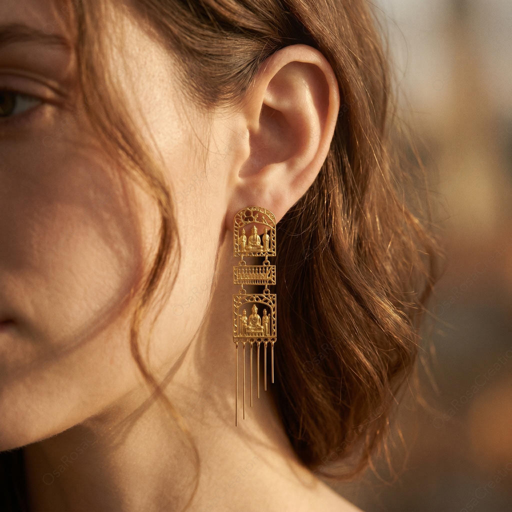 Gold Buddha Dangle Earrings • Zen Temple Jewelry, S925 Posts