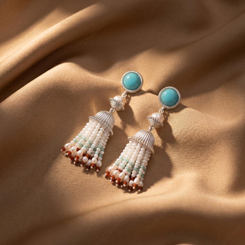 Artisan Sterling Silver Pearl Tassel Earrings, Mediterranean Blue Stone Bohemian Dangles
