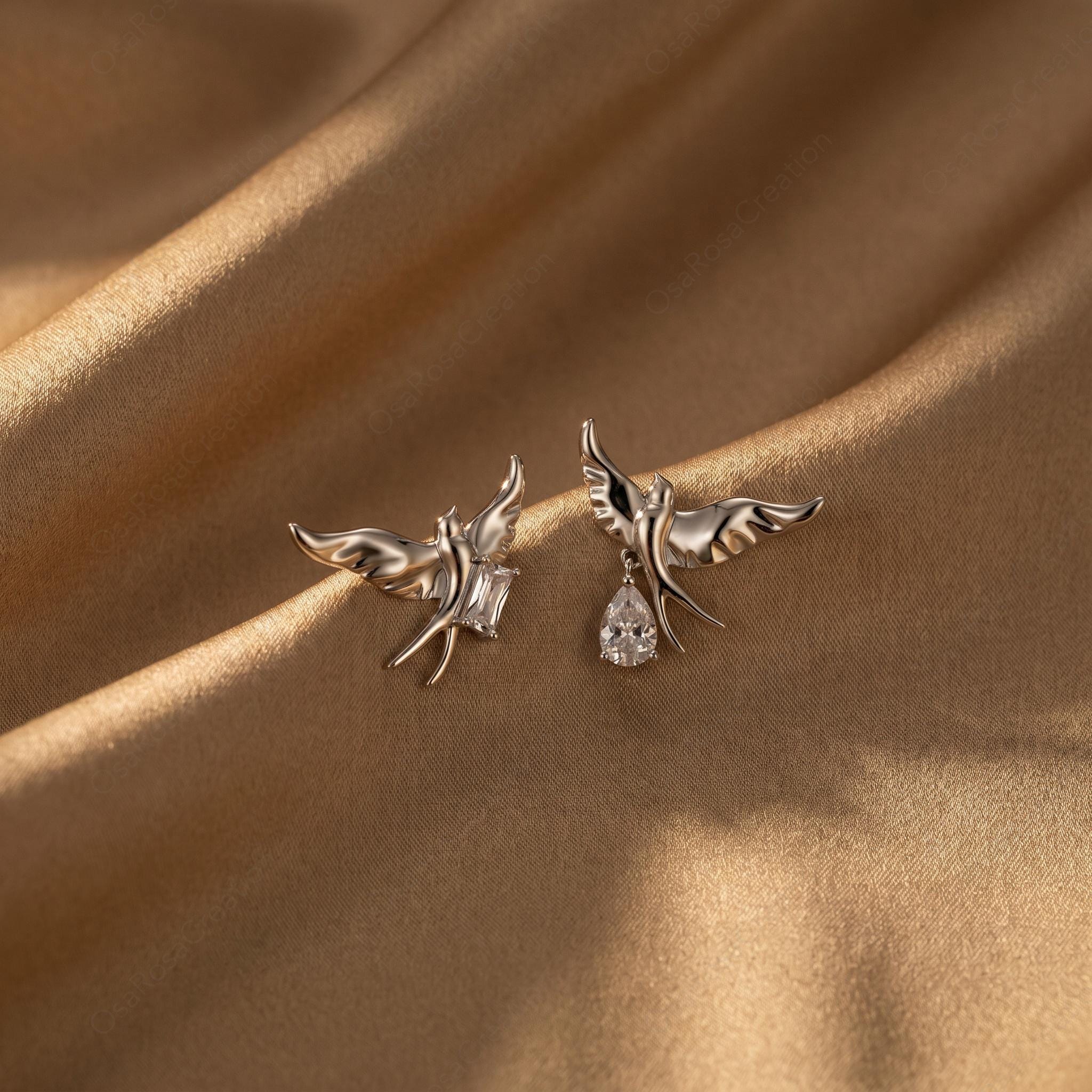 Asymmetrical Sterling Silver Swallow Earrings, Dangle Crystal Nature Jewelry