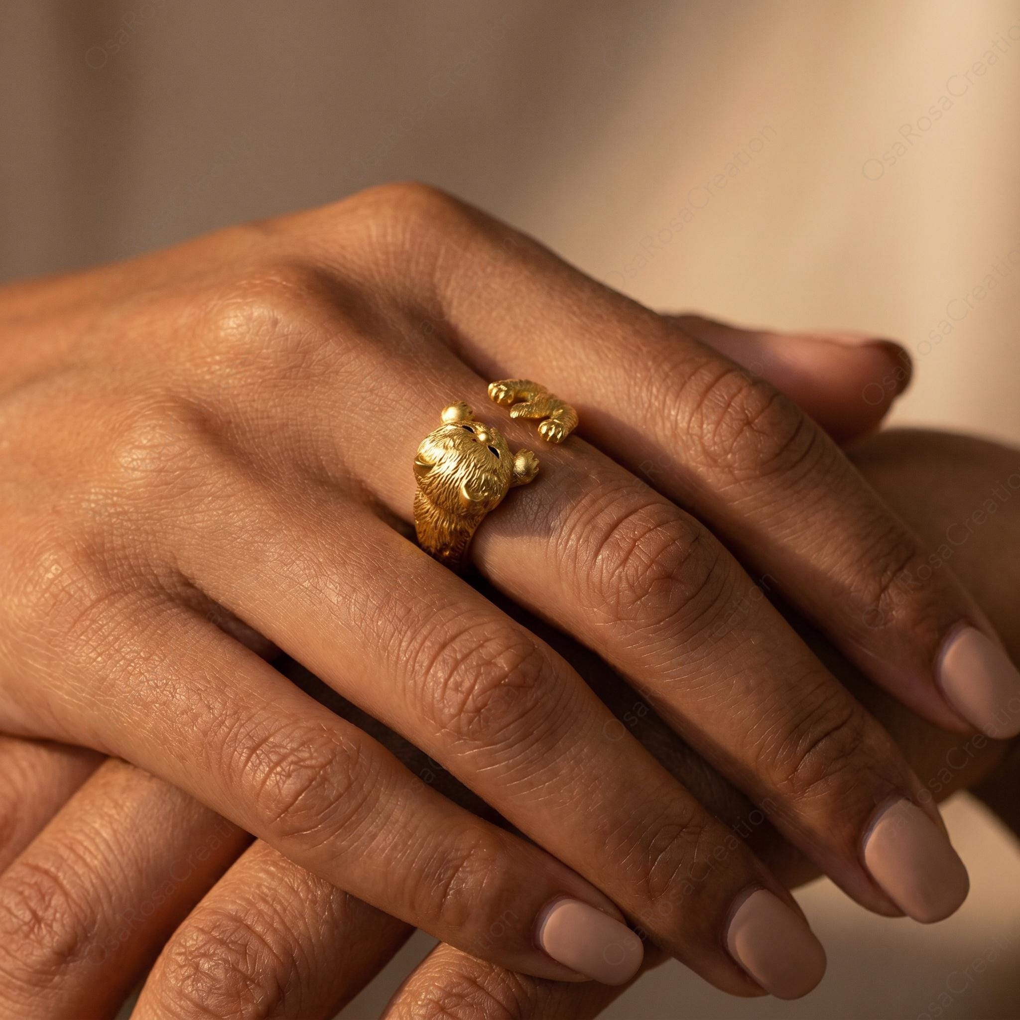 Sculptural Gold Cat Wrap Ring | Textured Feline Animal Jewelry