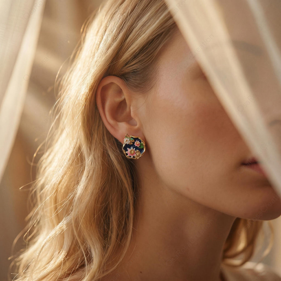 Blue Enamel Flower Studs