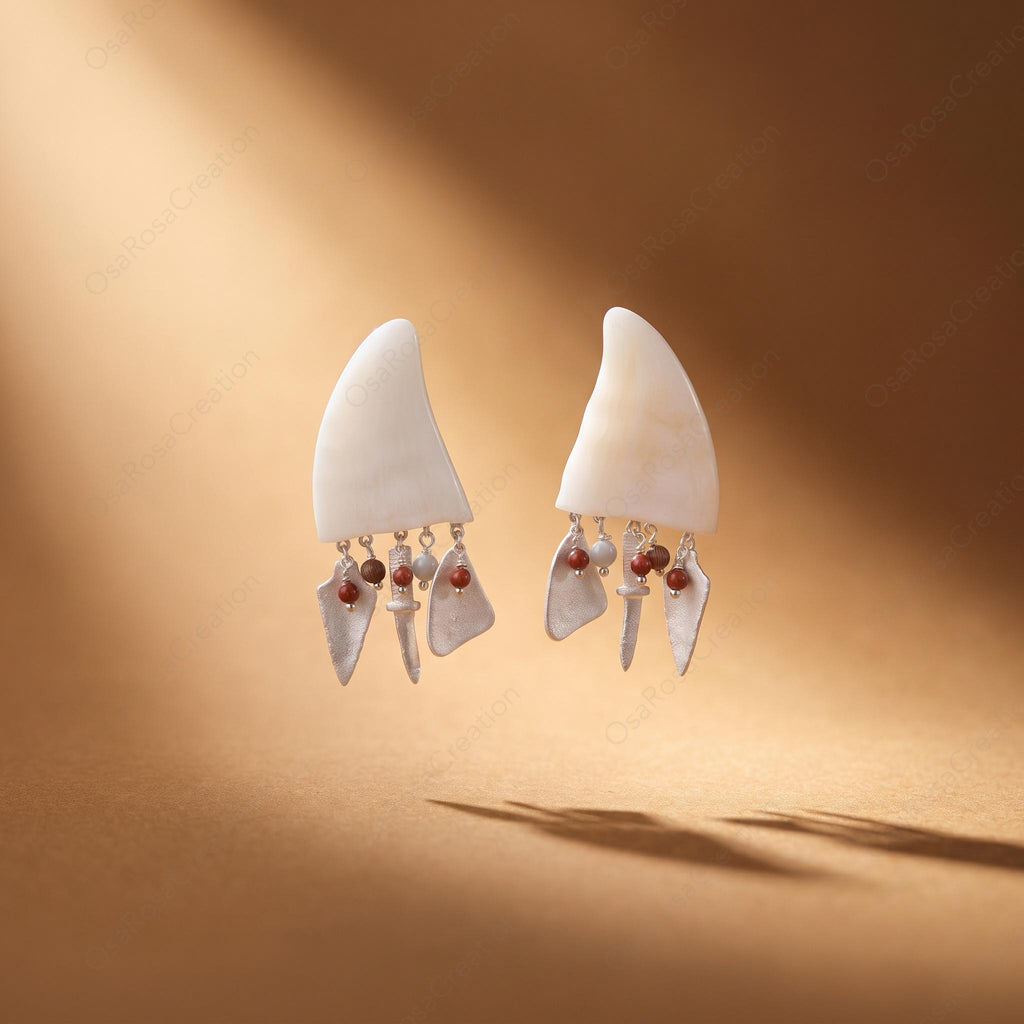 Tribal Horn Faux Resin Earrings, Artisan Sterling Silver Dangle Drops