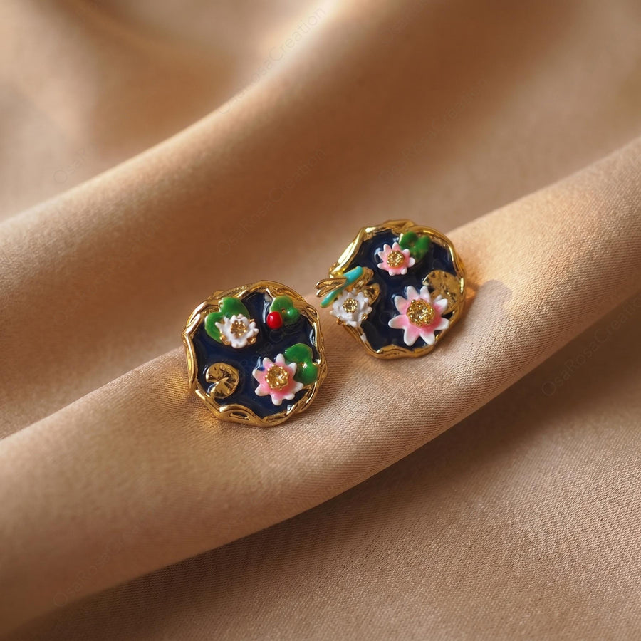 Blue Enamel Flower Studs
