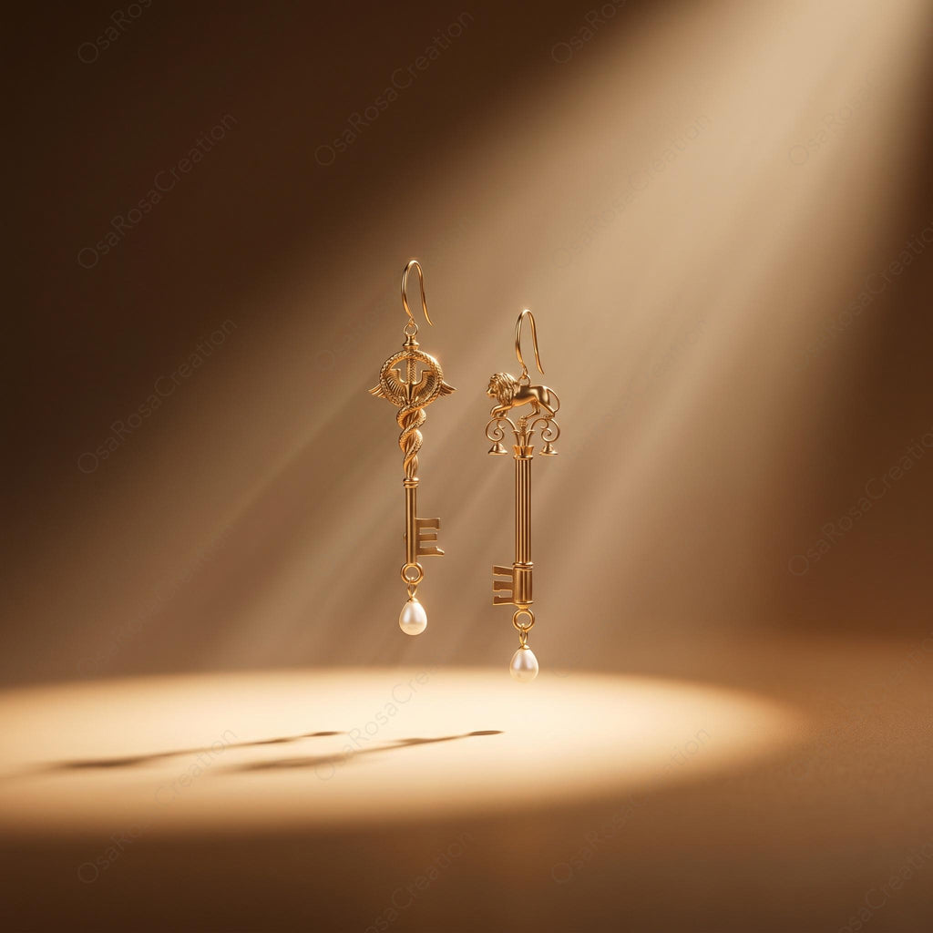 Mismatched Key Earrings • Lion & Caduceus • Pearl Drop, Sterling Silver Hooks