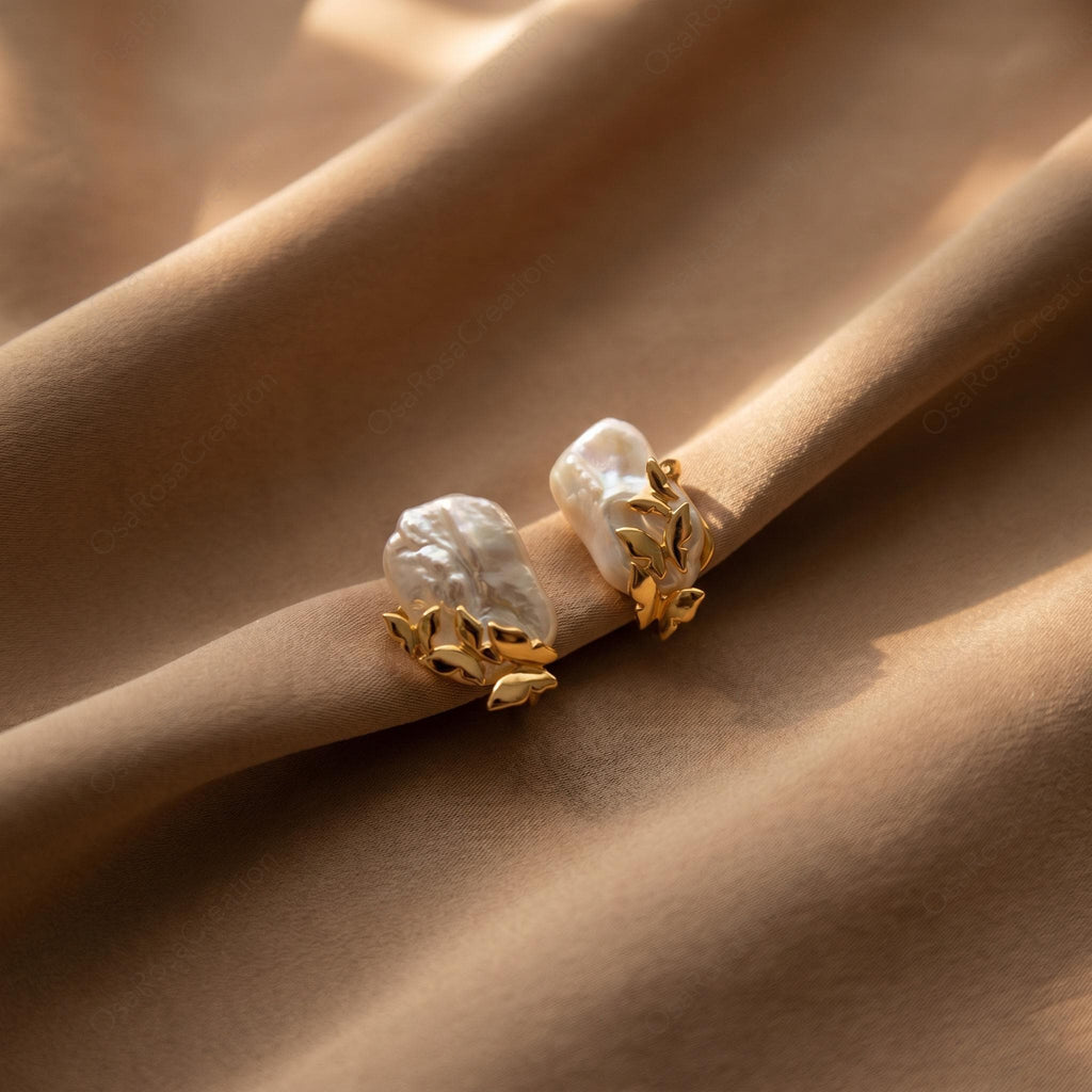 Baroque Pearl Gold Butterfly Earrings, Sculptural Nature Inspired Bridal Jewelry
