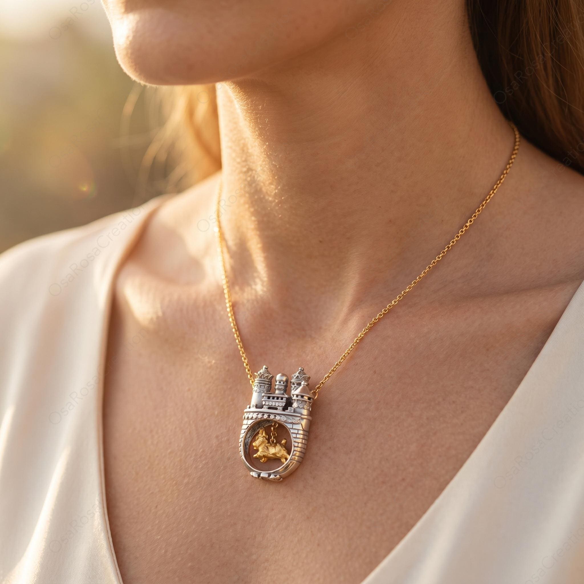 Mixed Metal Castle Dog Pendant Necklace, Fairytale Miniature Jewelry, Artistic Silver Choker