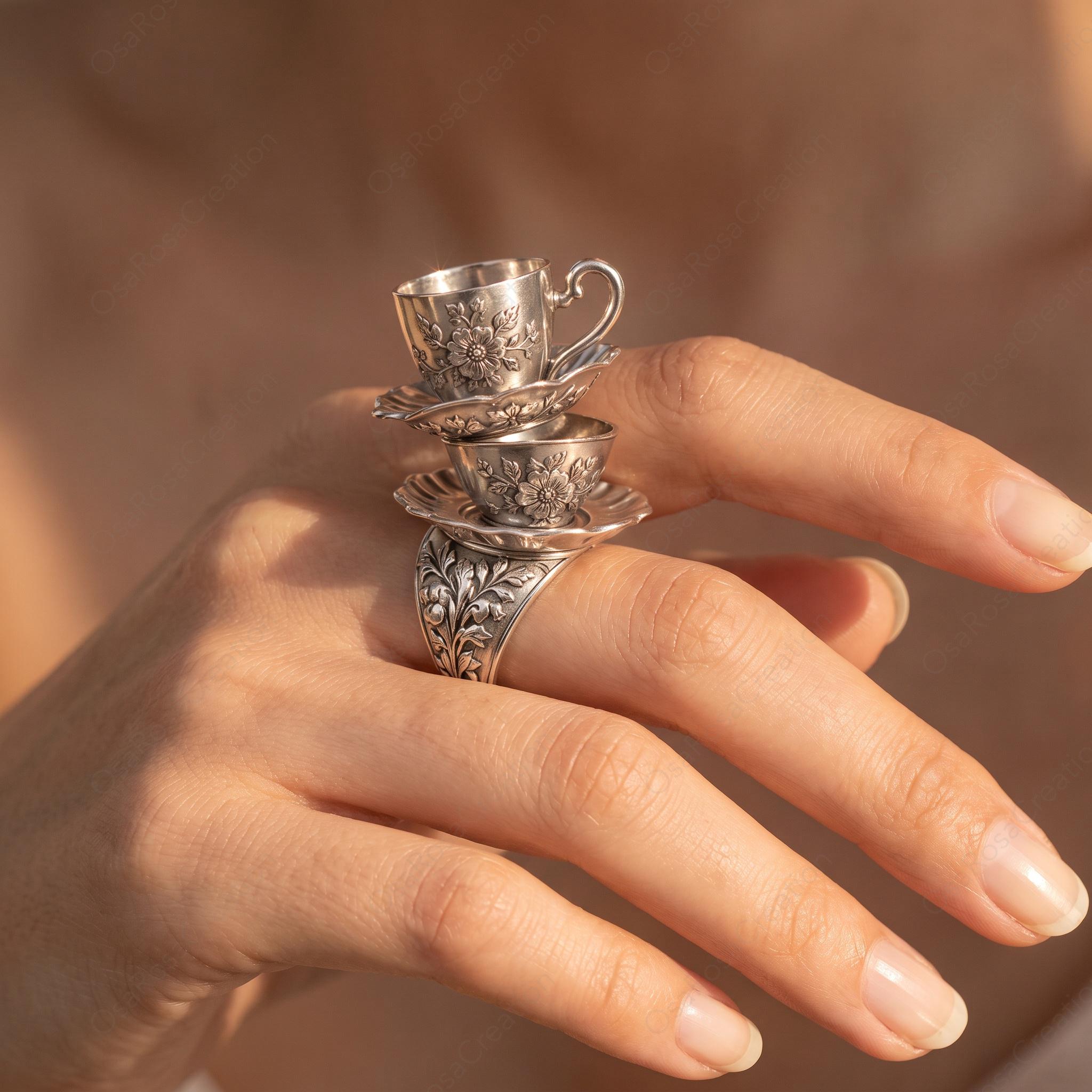 Vintage Stacked Teacup Ring, Floral Engraved Silver, Whimsical Victorian Jewelry
