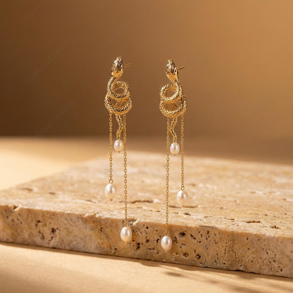 Gold Serpent Drop Earrings with Pearl Tassels, Artistic Statement Jewelry