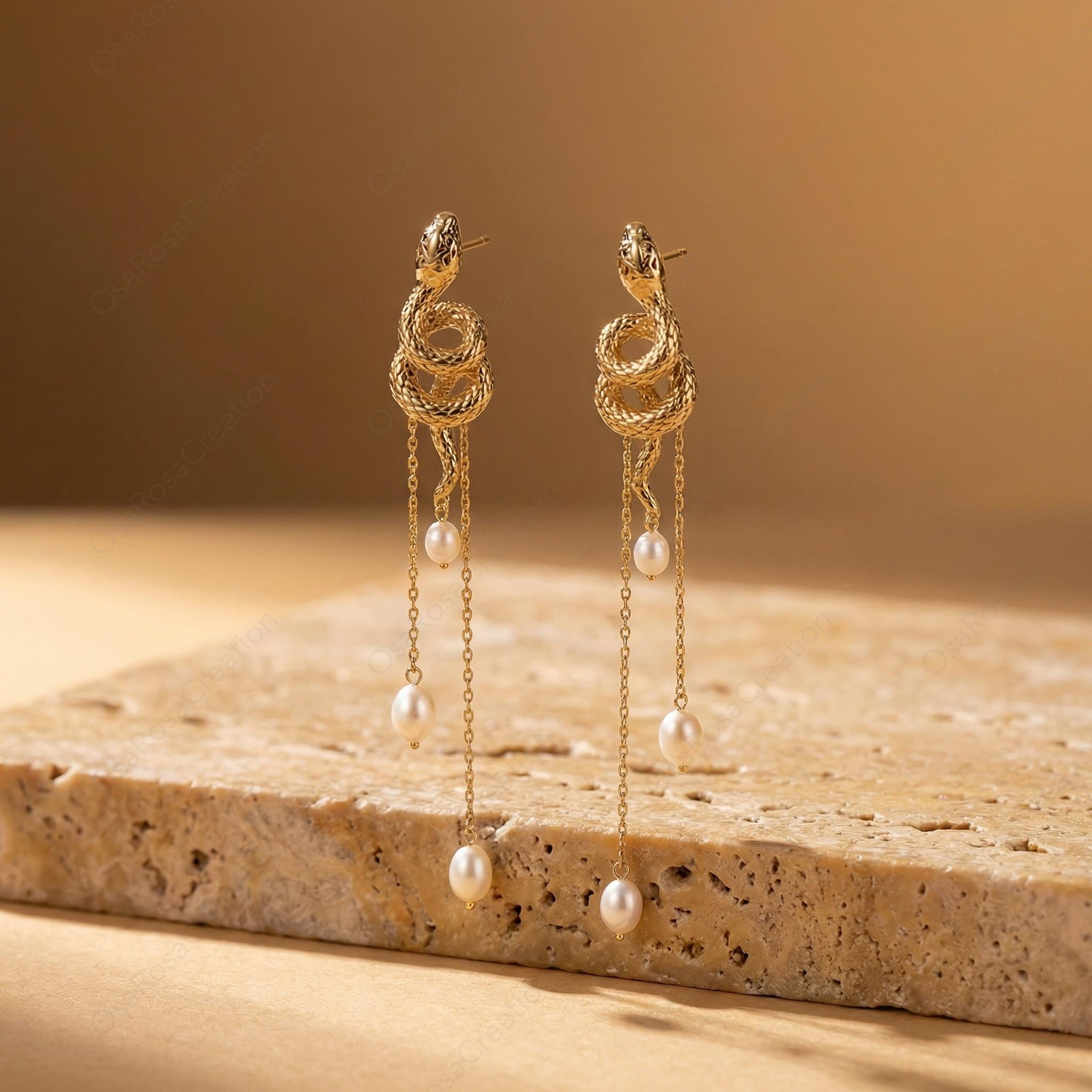 Gold Serpent Drop Earrings with Pearl Tassels, Artistic Statement Jewelry