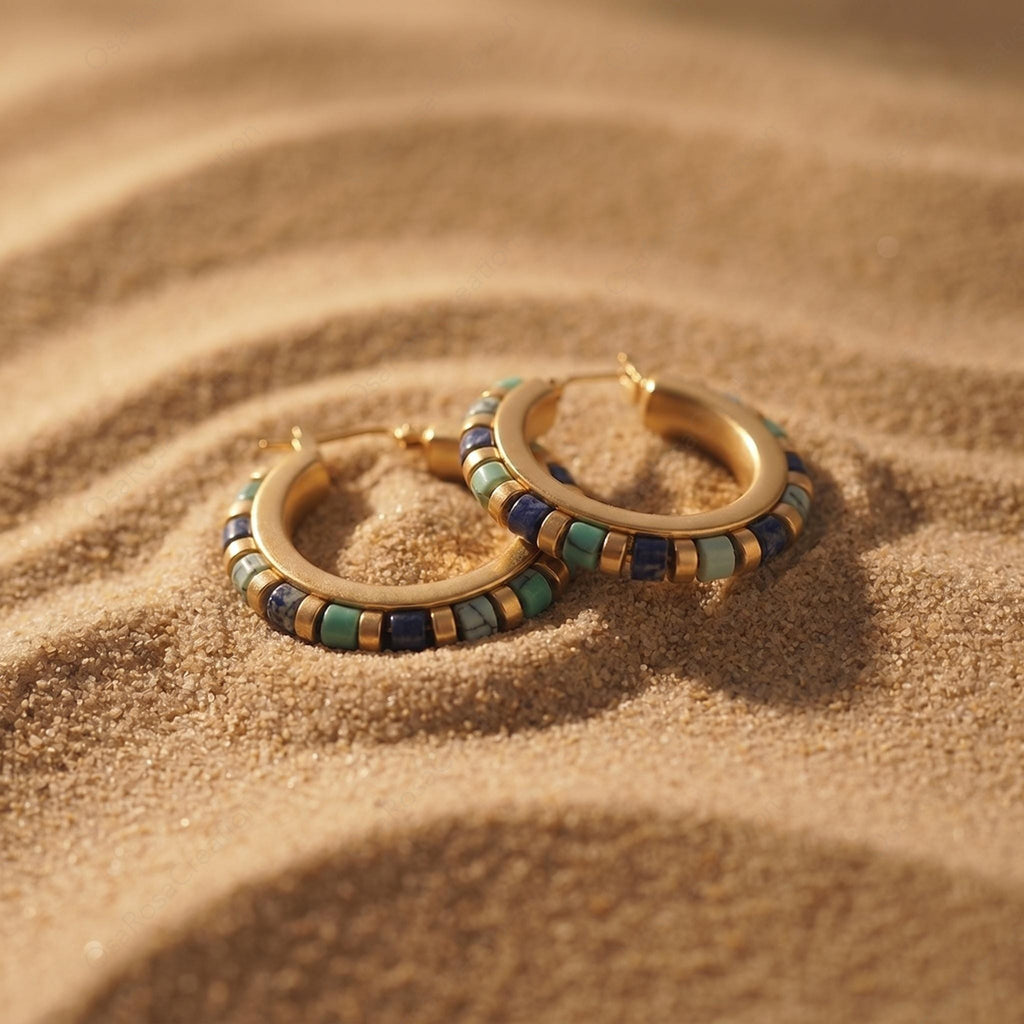 Turquoise Beaded Gold Hoop Earrings, Mediterranean Style Chunky Hoops, Lapis Lazuli Tone Vintage Earrings
