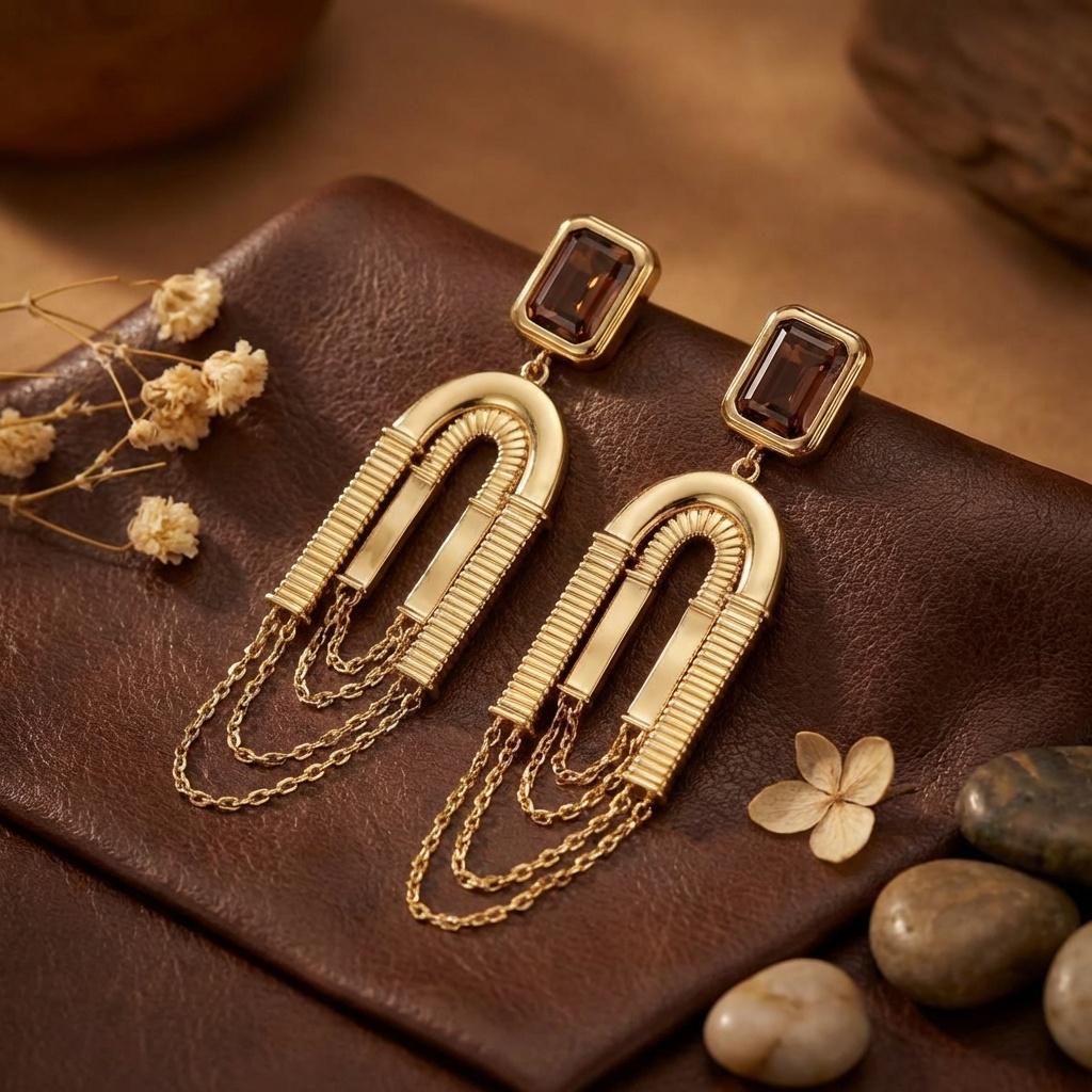 Art Deco Dangle Earrings • Gold Arch, Smoky Crystal, Chain Tassel