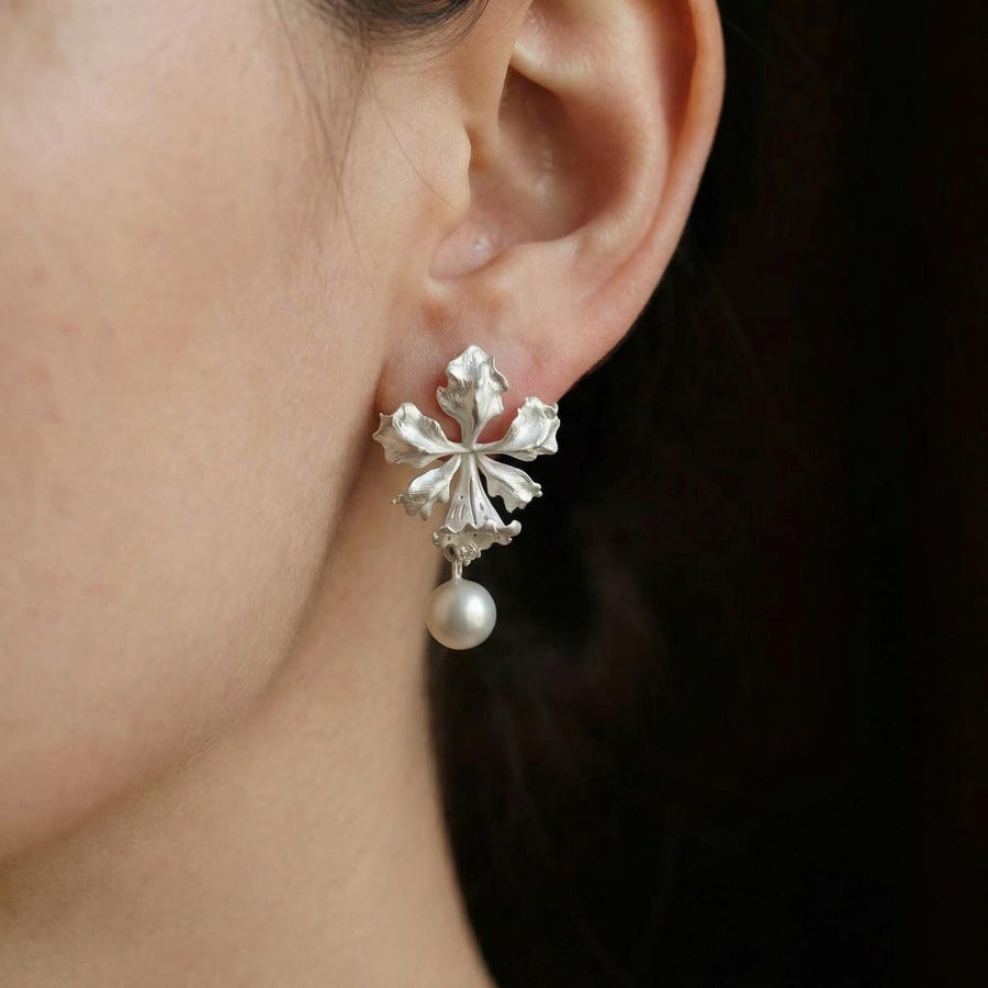 Silver Orchid Pearl Earrings