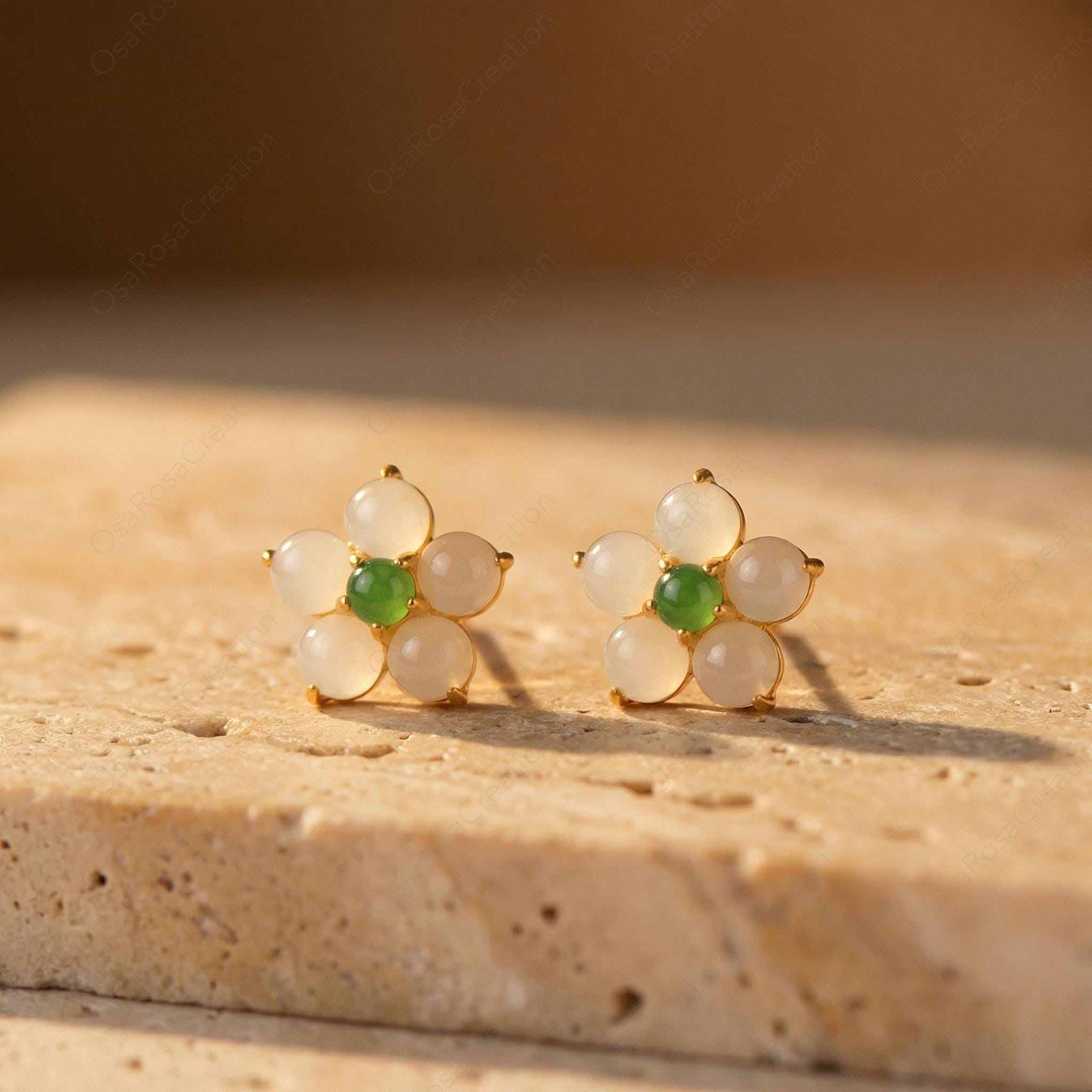 White Floral Earrings, Green Stone Botanical Dangle, Gold-Plated Brass, Sterling Silver Post