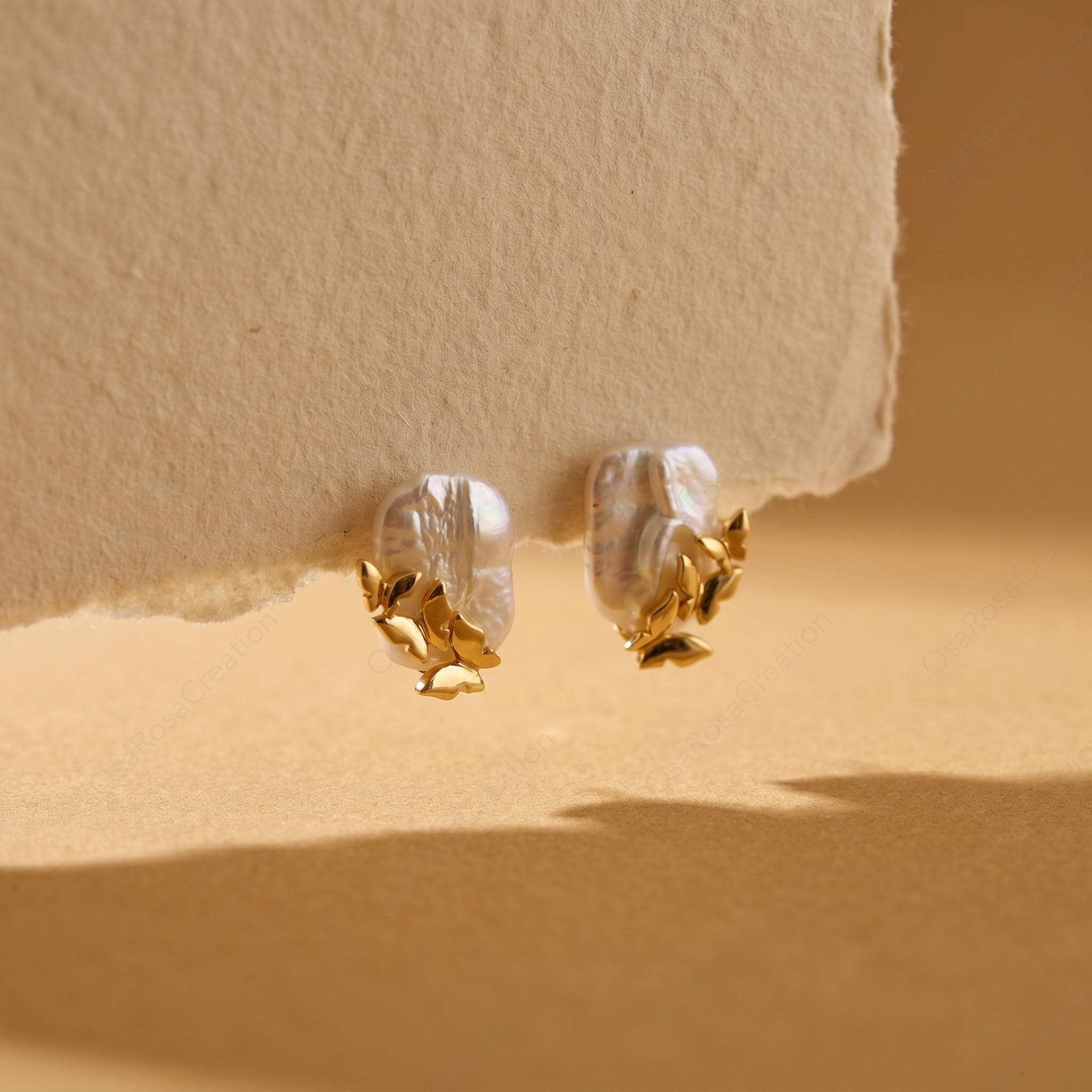 Baroque Pearl Gold Butterfly Earrings, Sculptural Nature Inspired Bridal Jewelry
