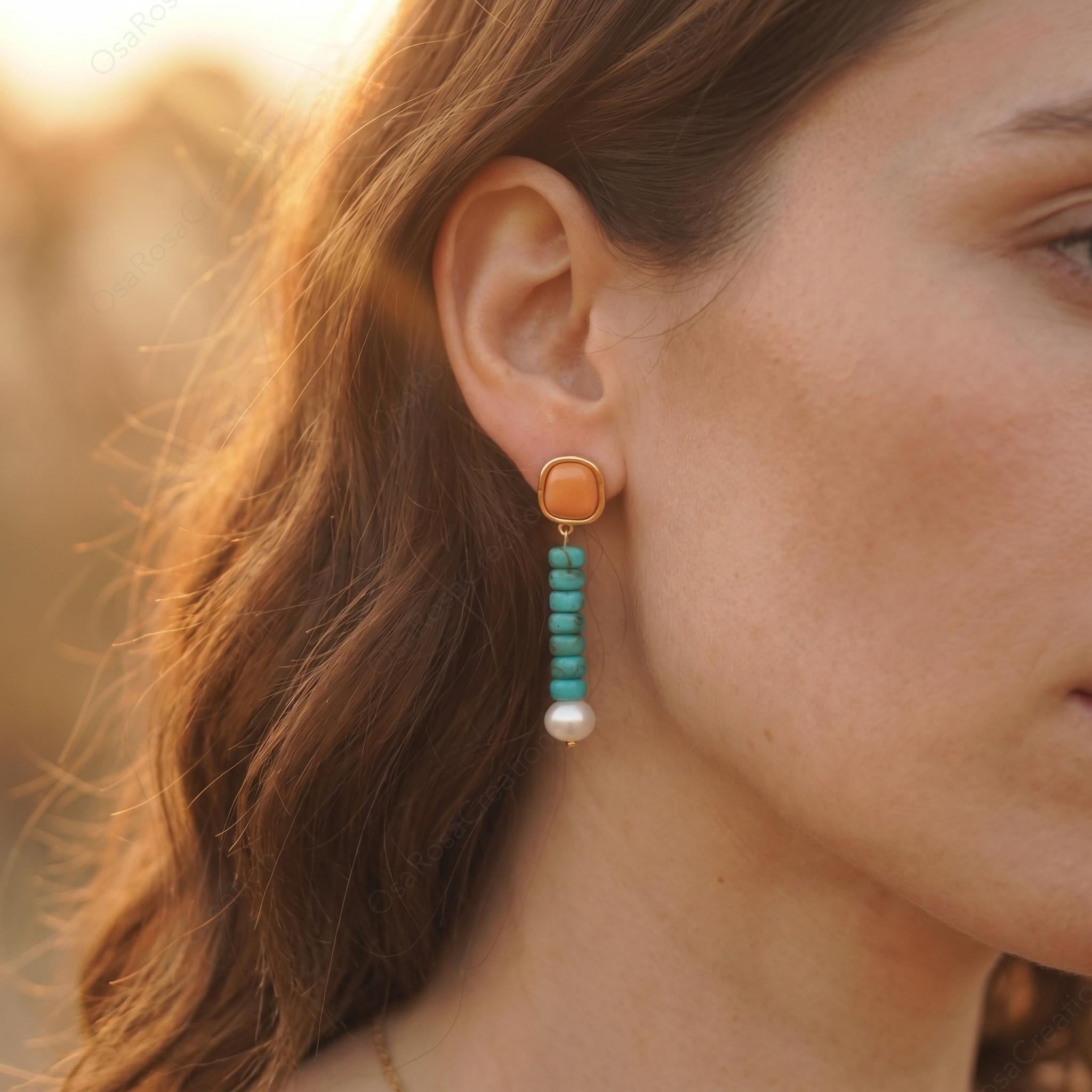 Turquoise Pearl Drop Earrings, Mediterranean Coastal Jewelry, Coral Orange Gemstone Dangles, Artistic Boho Chic, Summer Vacation Gift