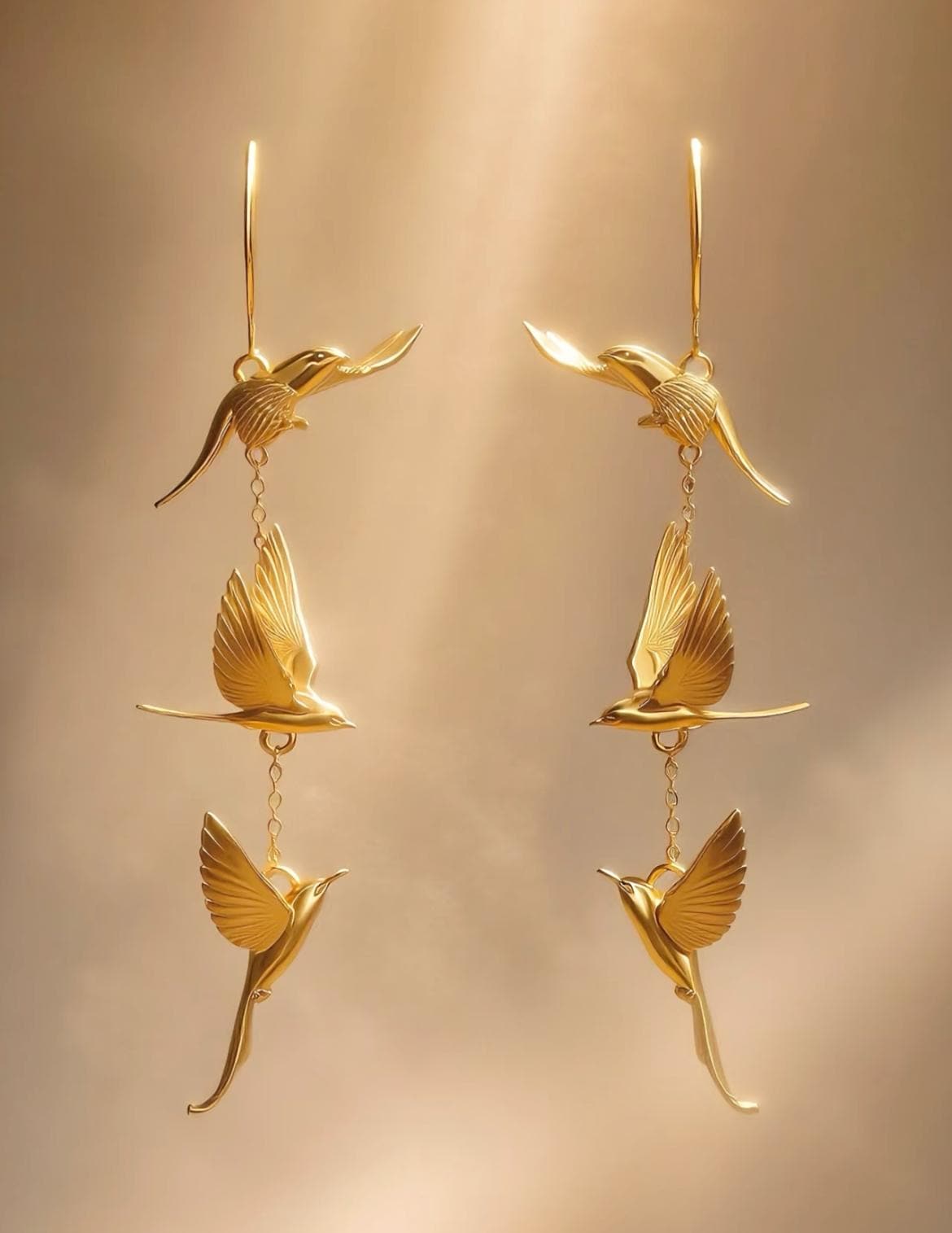 Golden Lark Dangle Earrings | 925 Sterling Silver Hooks | Bird-Inspired Long Earrings | Nature Jewelry Gift for Her | Lightweight Statement