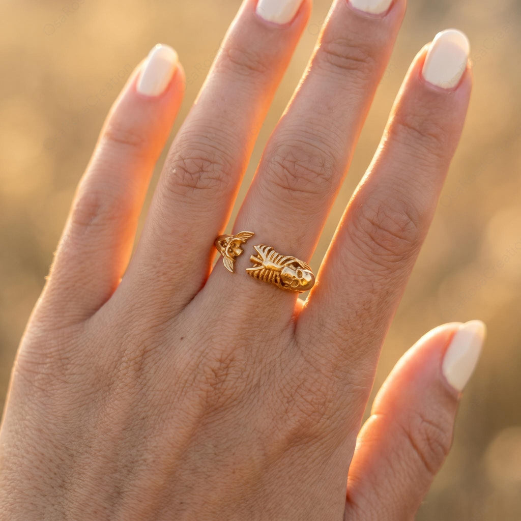 Gold Skull Ring | Adjustable Brass Skeleton Mermaid Tail Statement Jewelry