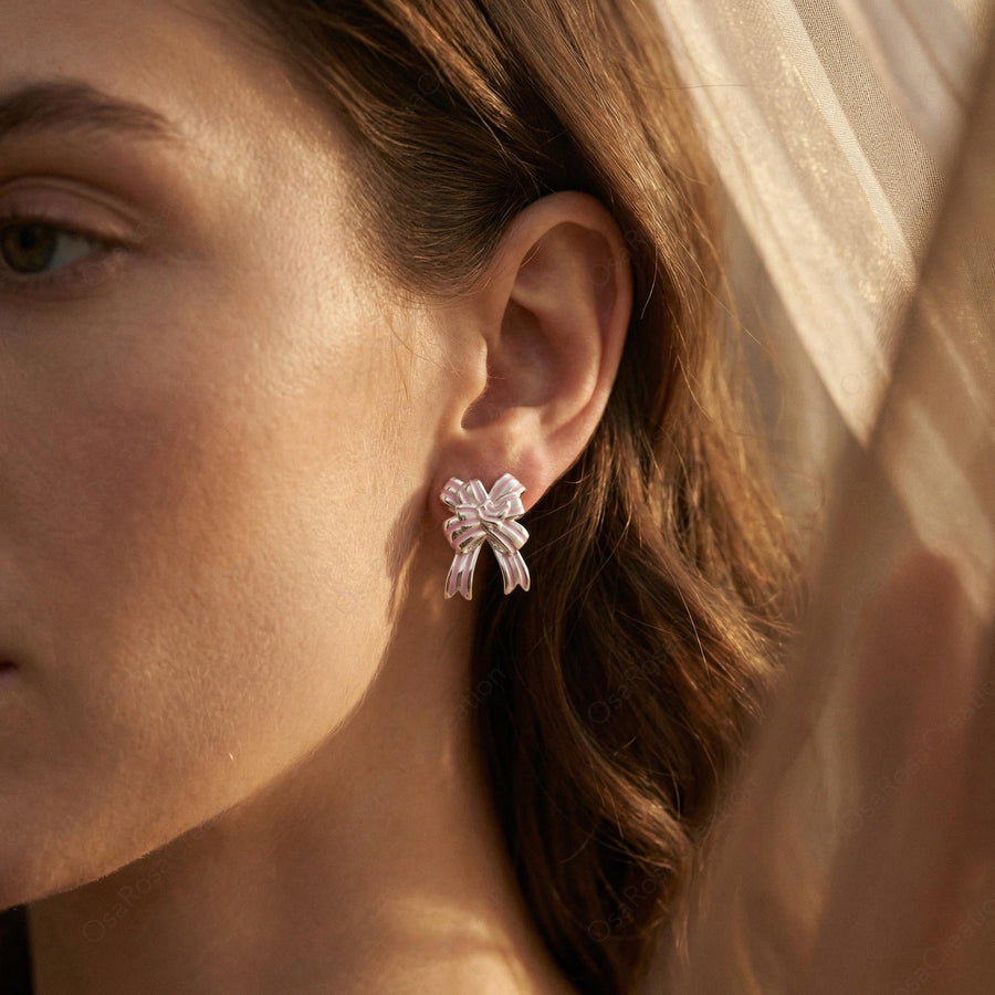 Silver Ribbon Bow Earrings