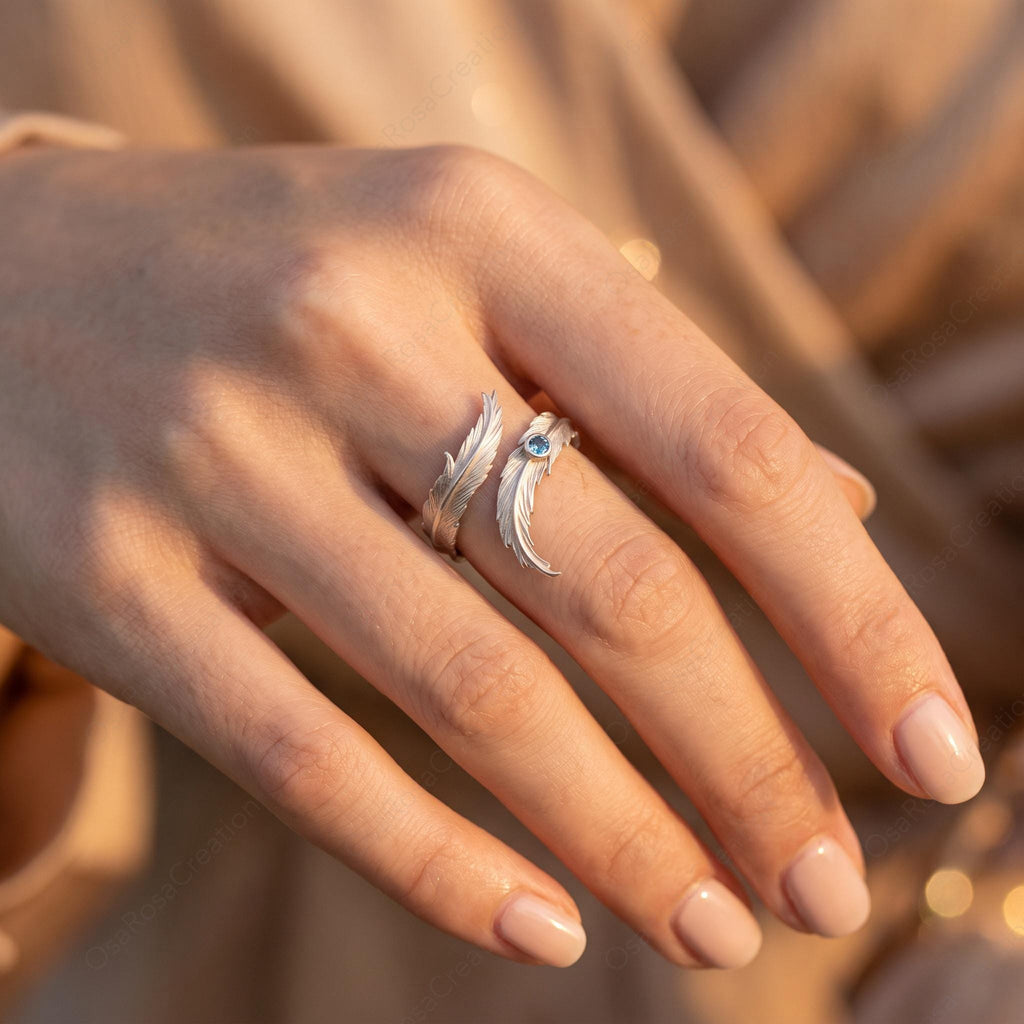 Silver Feather Wrap Ring, Blue Stone Adjustable Ring, Nature Inspired Jewelry, Quiet Luxury Silver Ring, Artistic Bohemian Ring