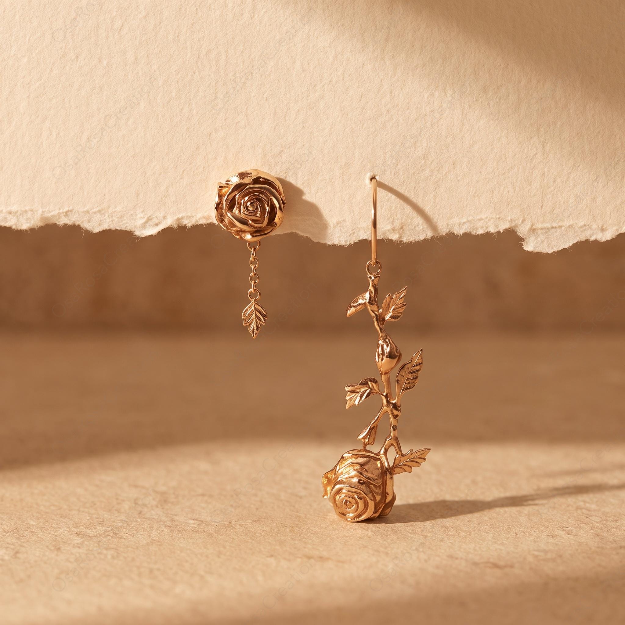 Asymmetrical Rose Earrings • 18k Gold Plated, Sterling Silver Posts