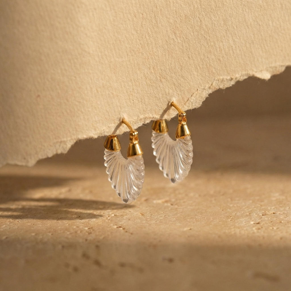 Carved Shell Hoop Earrings – Frosted Scalloped Drops, 18K Gold Plated Huggies