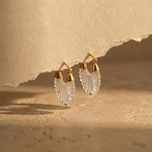 Carved Shell Hoop Earrings – Frosted Scalloped Drops, 18K Gold Plated Huggies