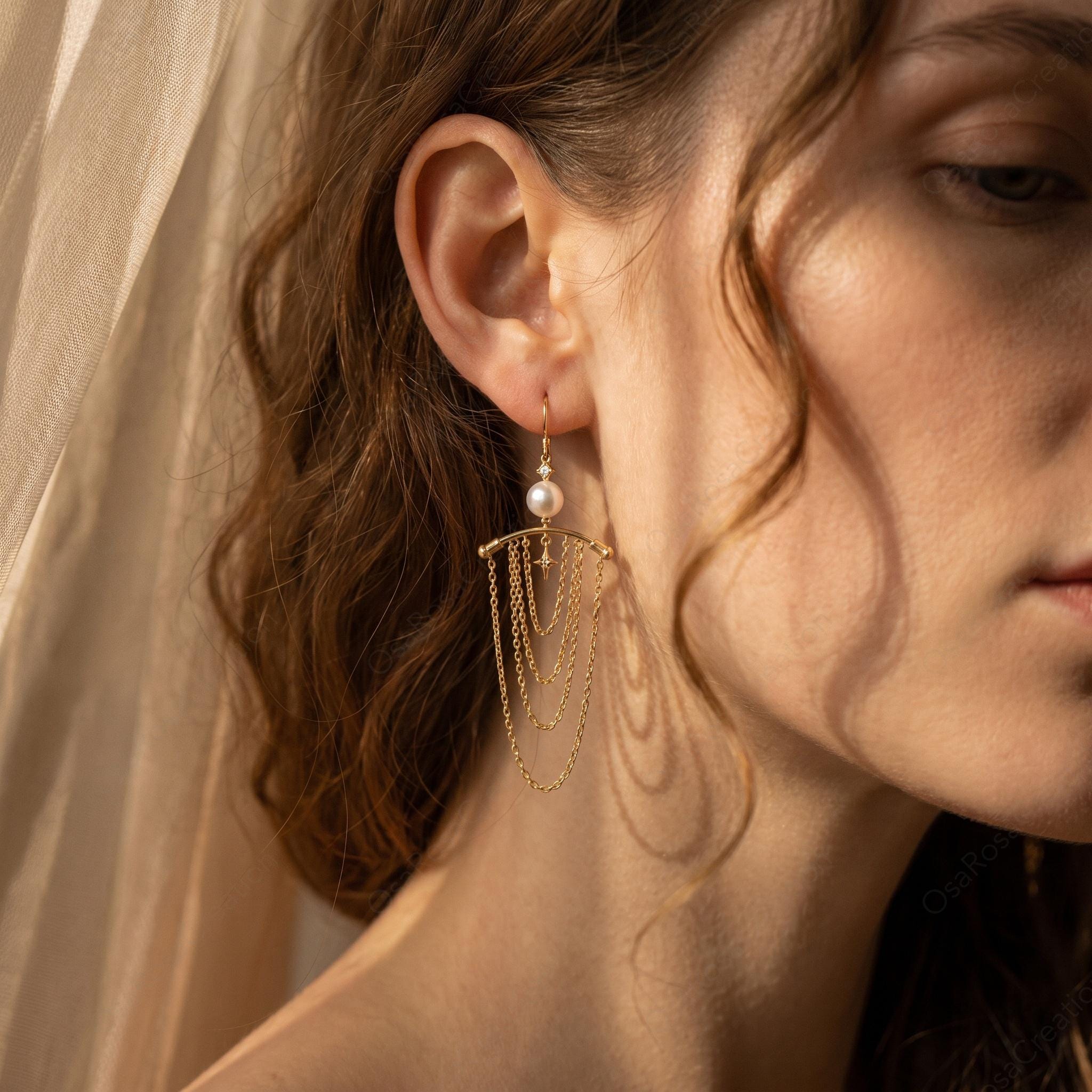 Pearl Star Dangle Earrings • 18k Gold Celestial Chain Fringe