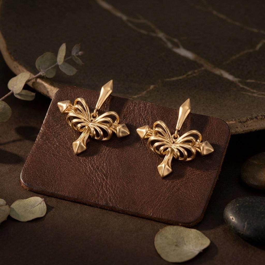Gold Cross Bow Earrings • Gothic Baroque Spear Studs