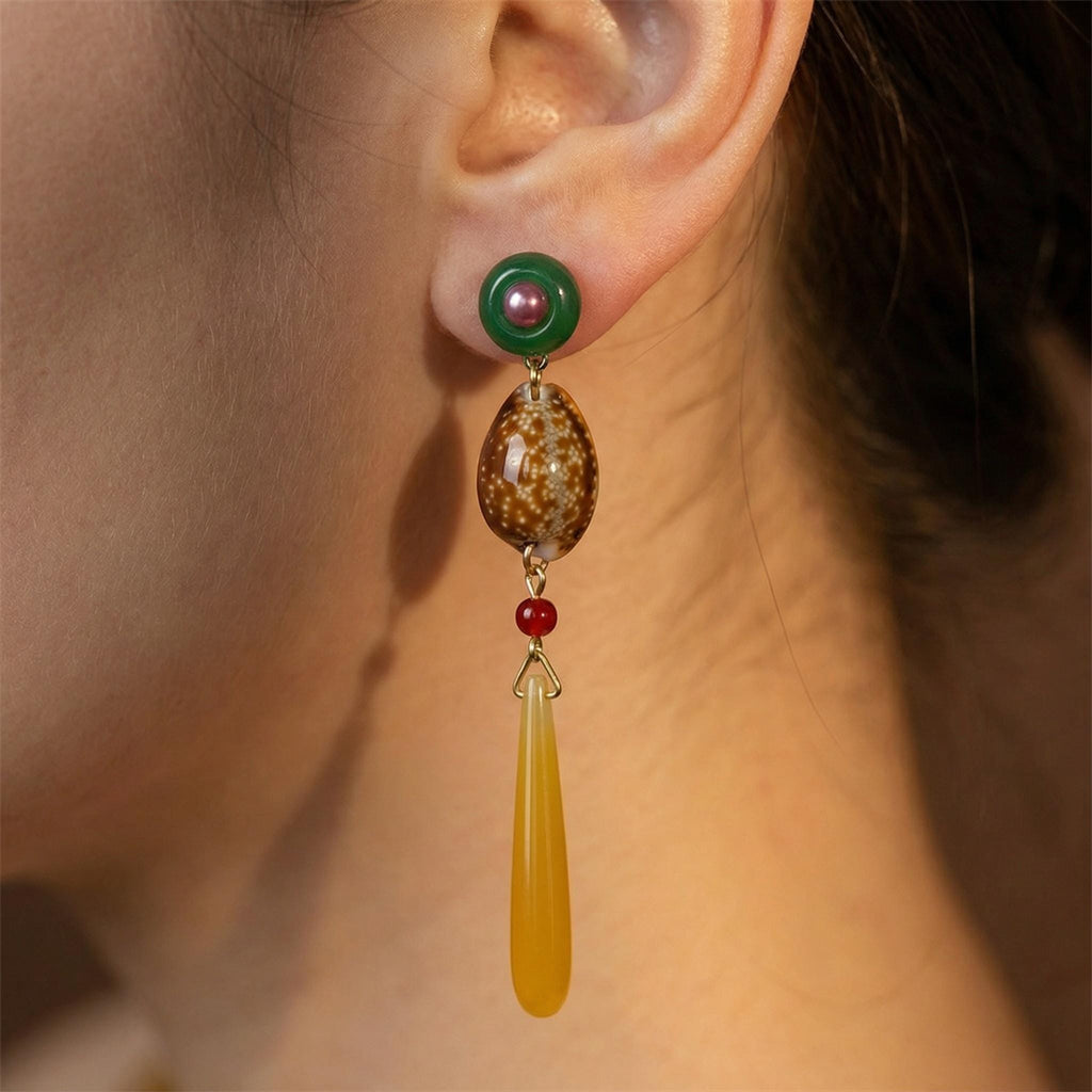 Cowrie Shell Dangle Earrings • Green Agate Stud, Boho Tropical Jewelry