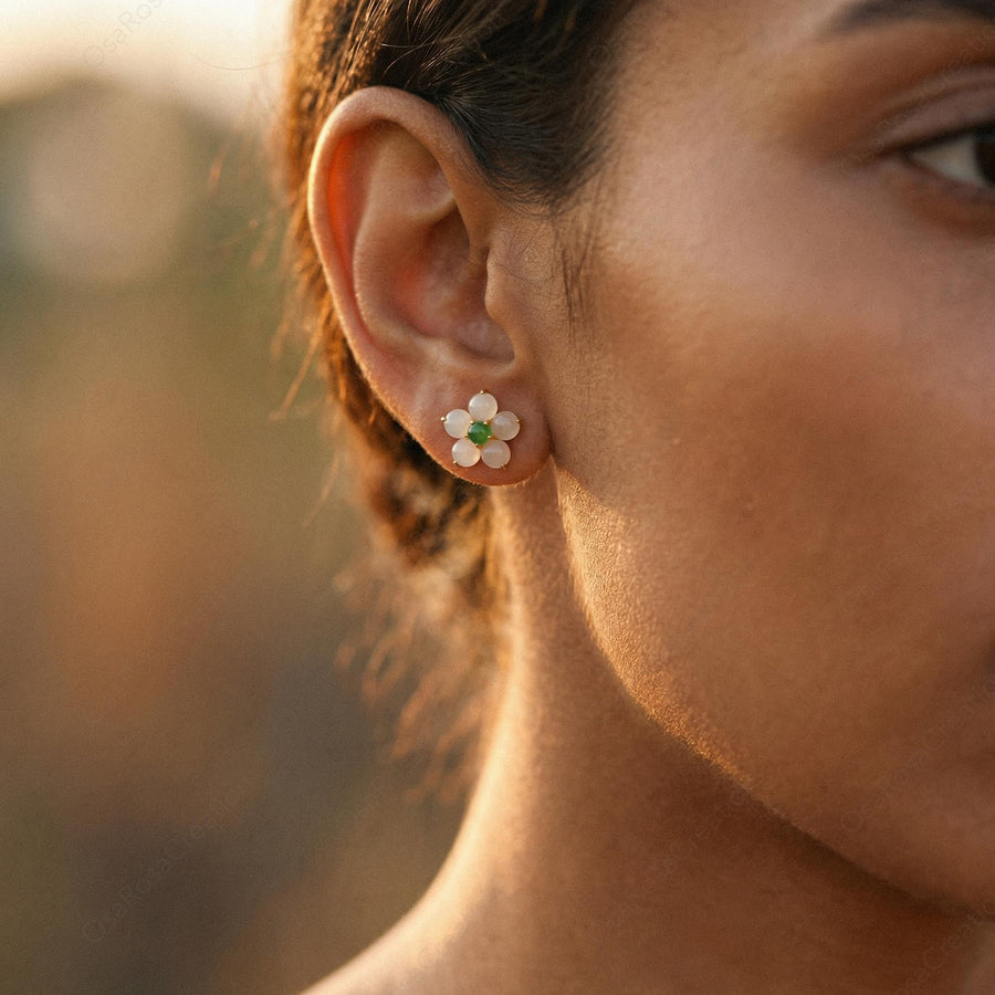 White Flower Greenstone Earrings