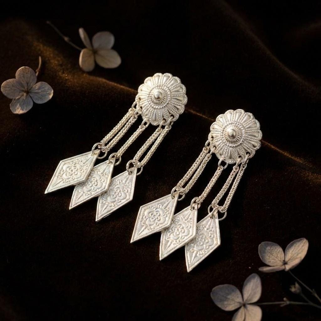 Silver Sunburst Tassel Earrings • Boho Flower Stud, Diamond Drop