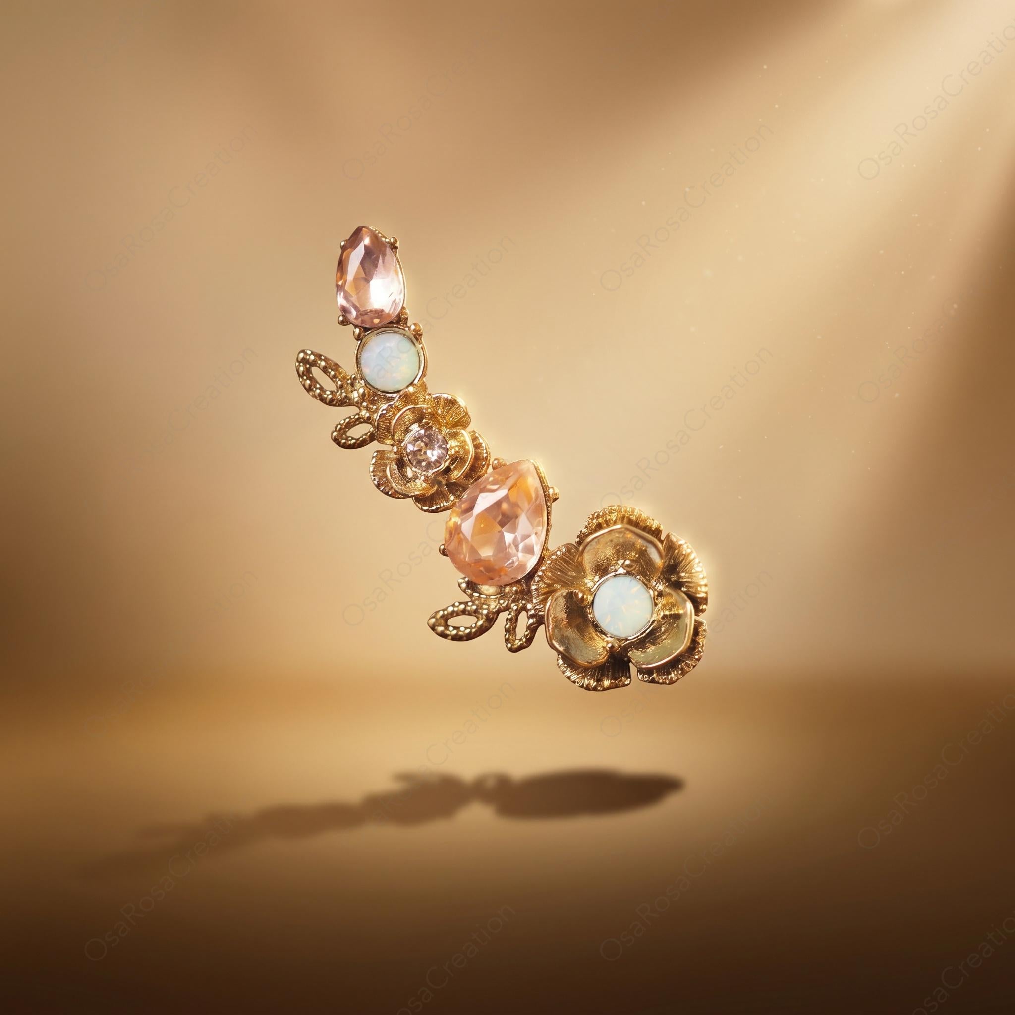 Vintage Opal Floral Stud Earrings, Gold Rose Botanical Jewelry, Amethyst Accent