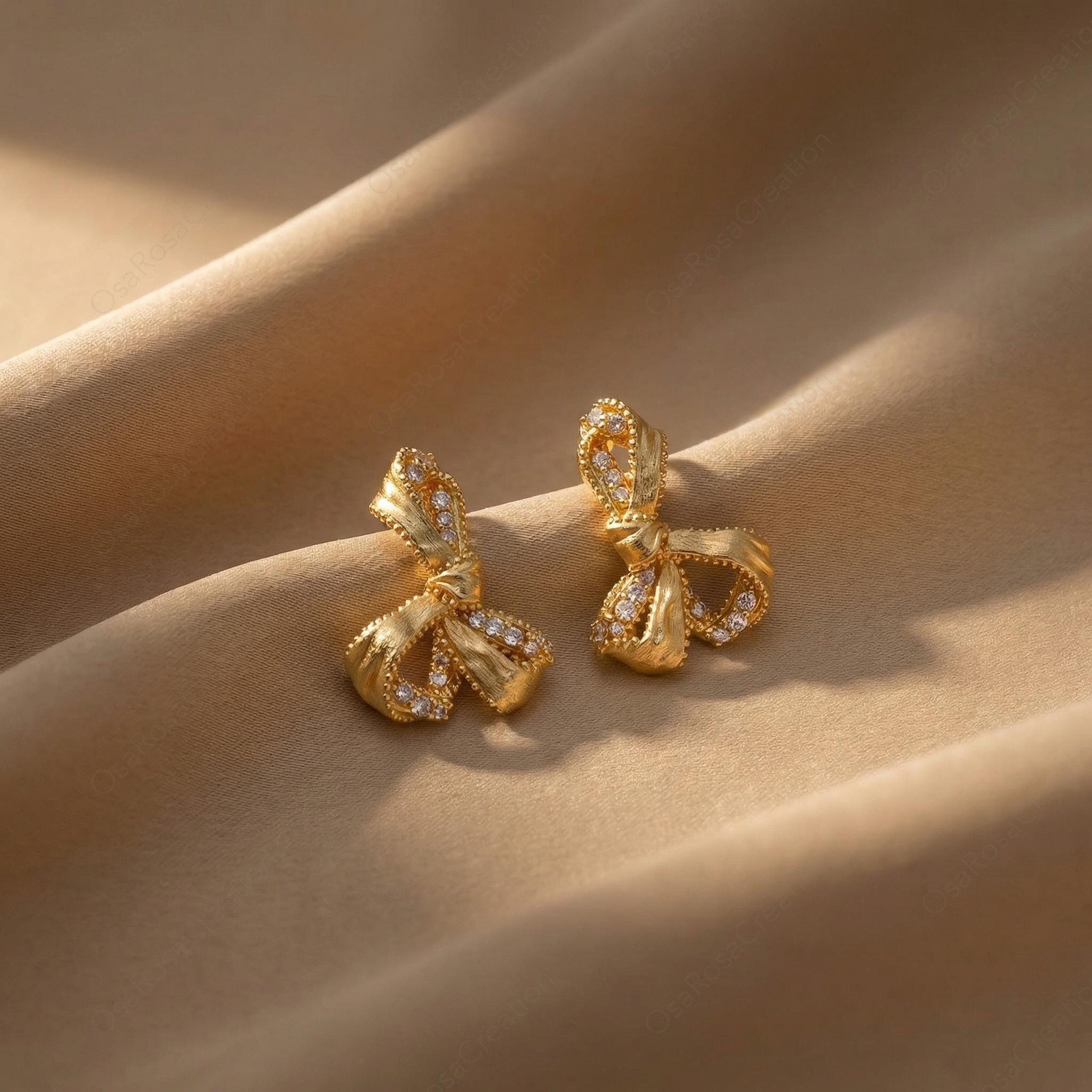 Gold Ribbon Crystal Stud Earrings | Vintage Style Bridal Jewelry